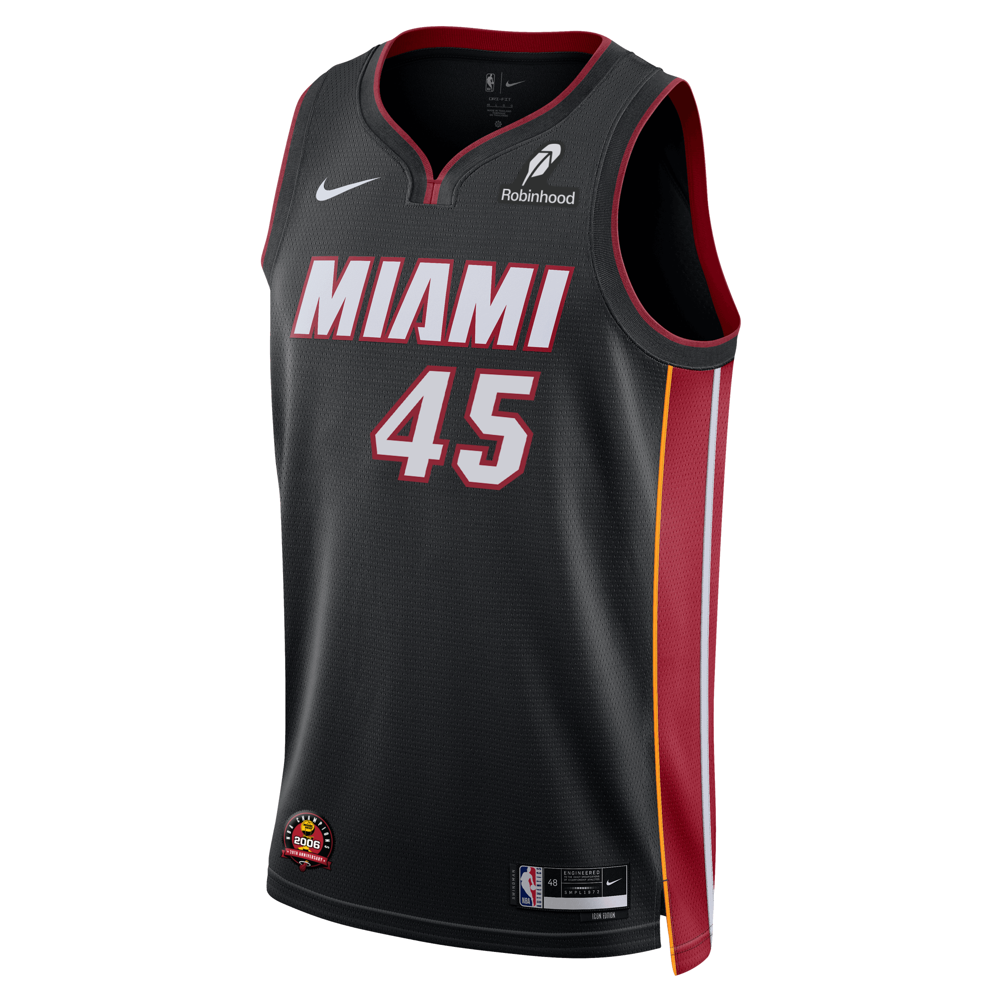 The Davion Mitchell Nike Miami HEAT Icon Black Youth Swingman Jersey features a black base, red accents, white and red number 45, Dri-FIT technology, Robinhood sponsor logo, and yellow and red side stripes.