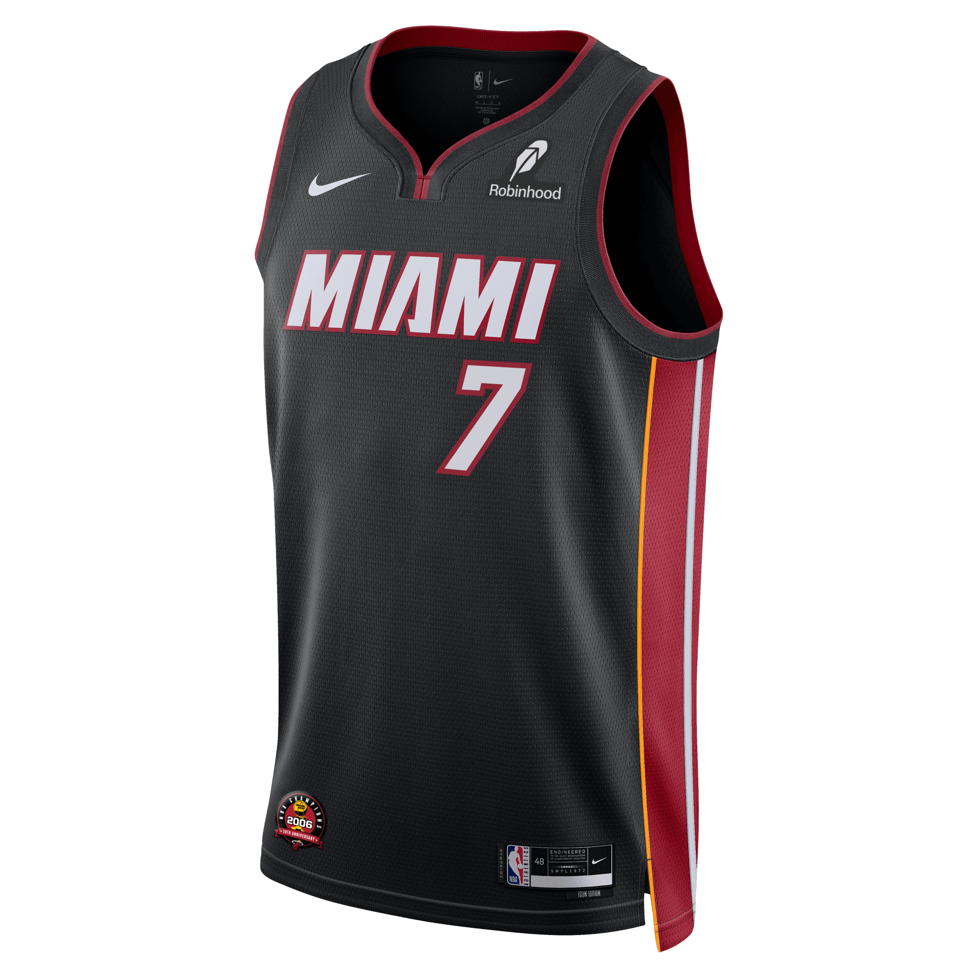 The Nike Kel'el Ware Miami HEAT Icon Black Swingman Jersey features red and yellow accents, white and red MIAMI text, number 7, Nike and Robinhood logos, NBA patch near the hem, and breathable Dri-FIT technology.