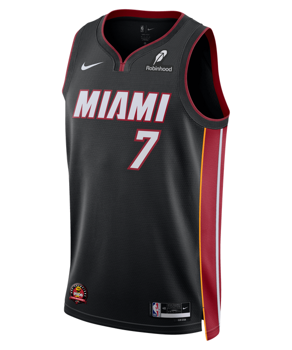 The Nike Kel'el Ware Miami HEAT Icon Black Swingman Jersey features red and yellow accents, white and red MIAMI text, number 7, Nike and Robinhood logos, NBA patch near the hem, and breathable Dri-FIT technology.