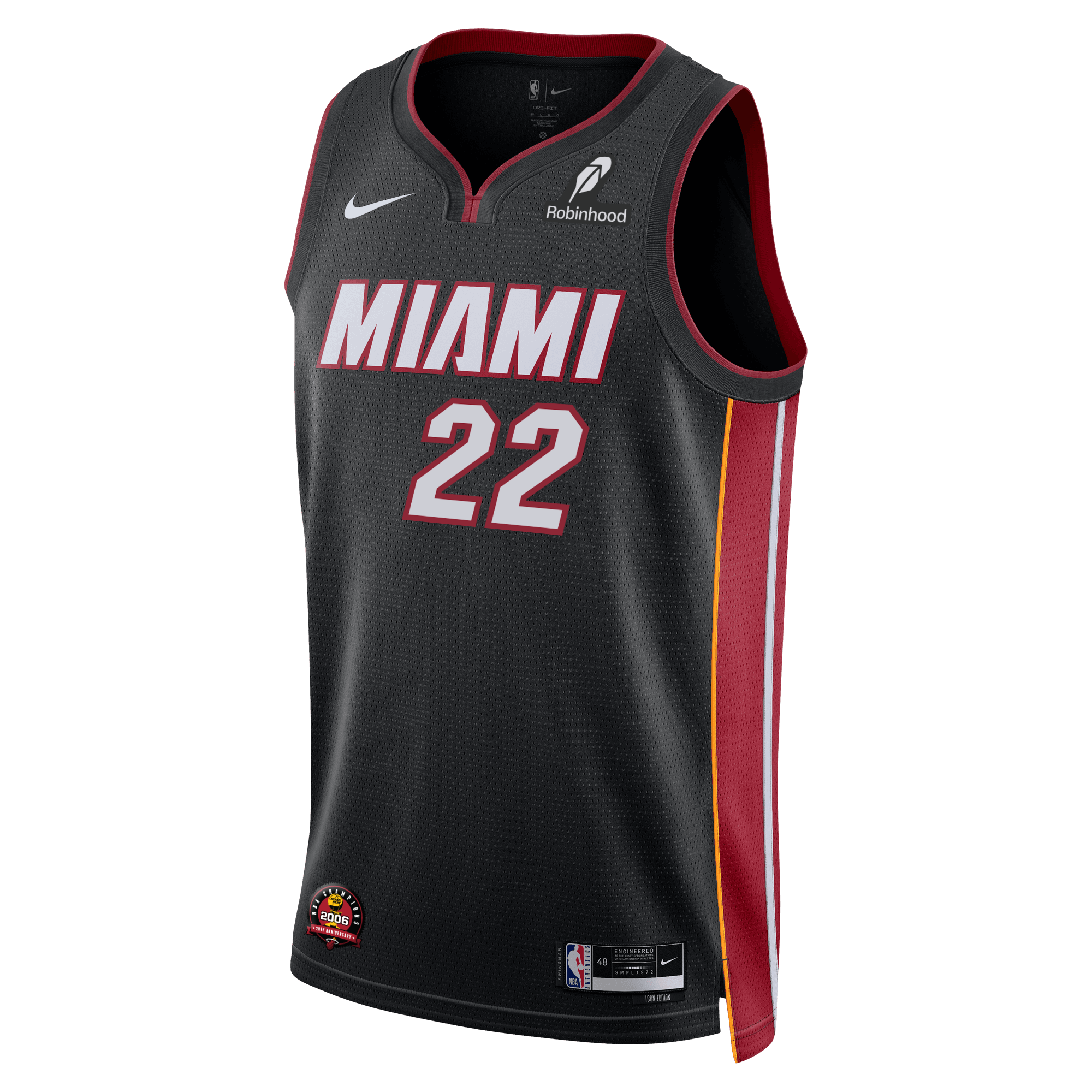 The Andrew Wiggins Nike Miami HEAT Icon Black Swingman Jersey features Dri-FIT tech, red and white trim, number 22, “MIAMI” in bold letters, plus Nike and Robinhood chest logos.