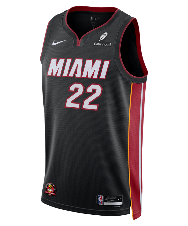 The Andrew Wiggins Nike Miami HEAT Icon Black Swingman Jersey features Dri-FIT tech, red and white trim, number 22, “MIAMI” in bold letters, plus Nike and Robinhood chest logos.