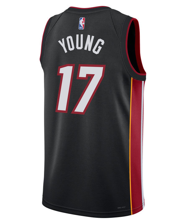 The Jahmir Young Nike Miami HEAT Icon Black Swingman Jersey features red and yellow accents, number 17 on the front, Nike and Robinhood logos, Dri-FIT tech, and bold red “Miami” lettering across the chest.