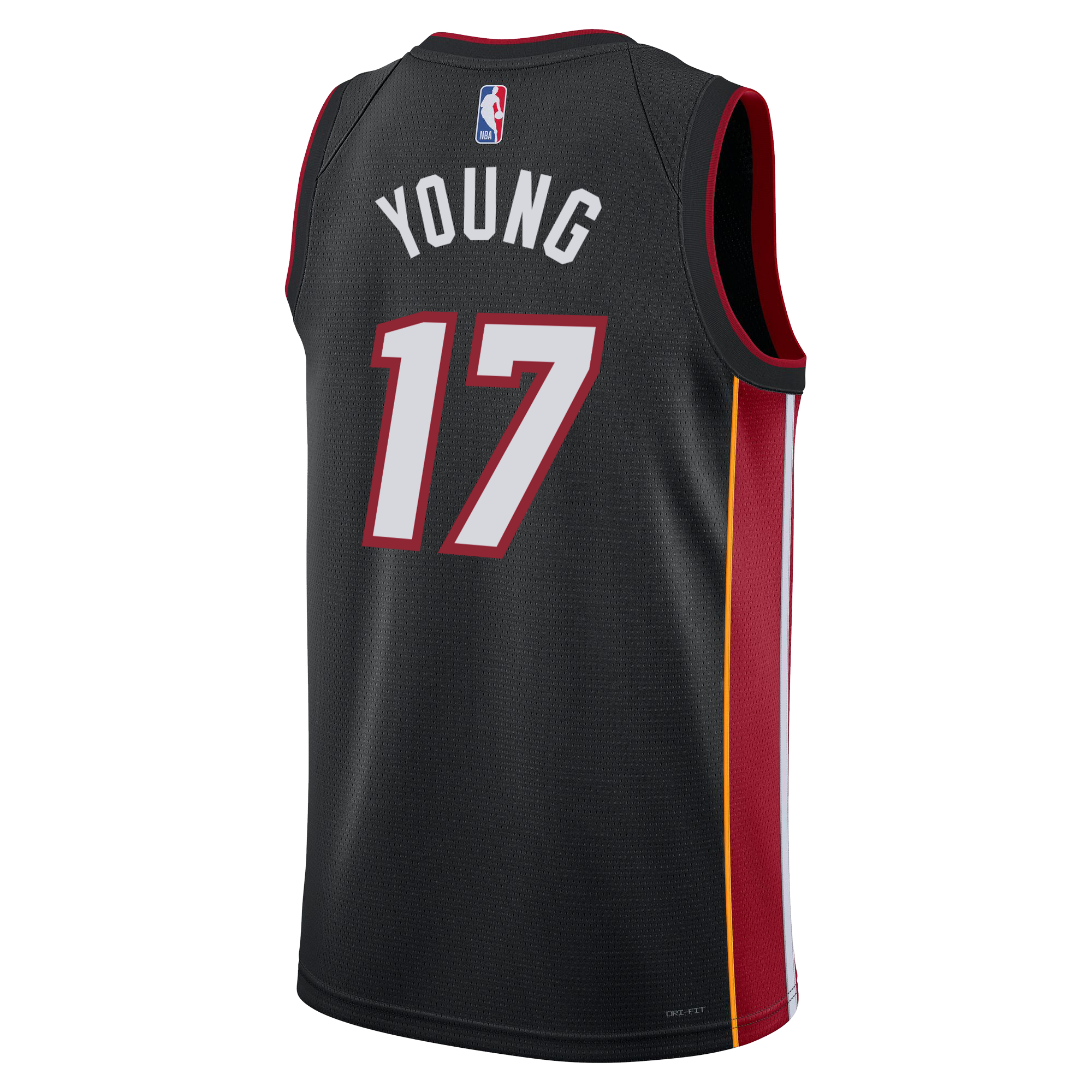 The Nike Jahmir Young Miami HEAT Icon Black Youth Swingman Jersey features red and yellow side stripes, YOUNG and 17 in white with red outline on the back, NBA logo near the collar, and breathable Dri-FIT tech for comfort.