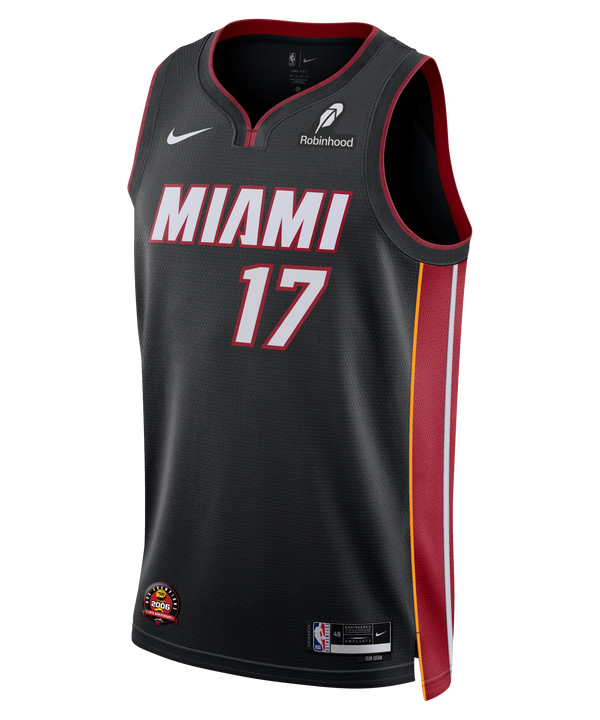 The Jahmir Young Nike Miami HEAT Icon Black Swingman Jersey features red and yellow accents, number 17 on the front, Nike and Robinhood logos, Dri-FIT tech, and bold red “Miami” lettering across the chest.