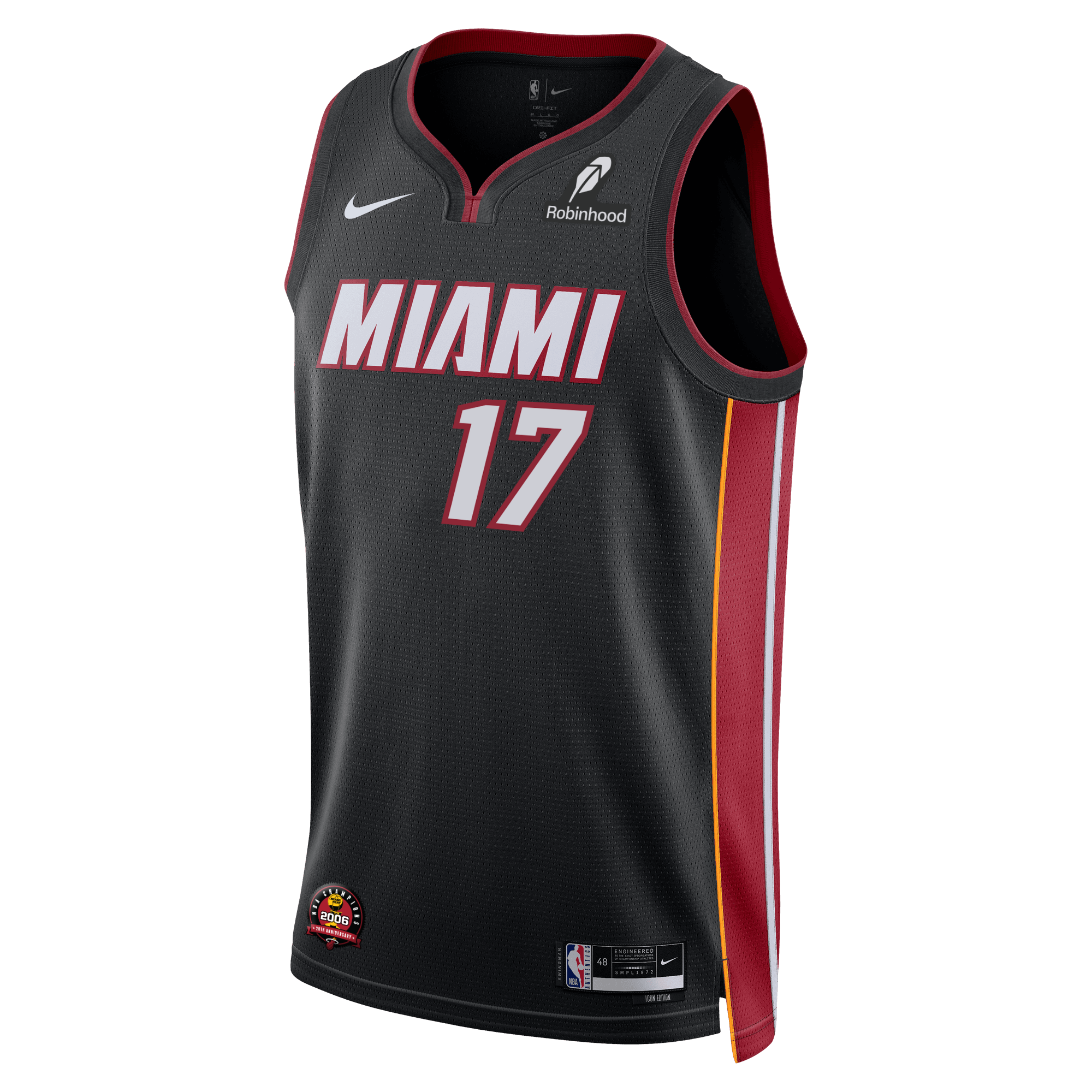 The Nike Jahmir Young Miami HEAT Icon Black Youth Swingman Jersey features Dri-FIT tech, red/yellow side stripes, number 17 in white with red outline, bold MIAMI text, and Nike and Robinhood sponsor logos.