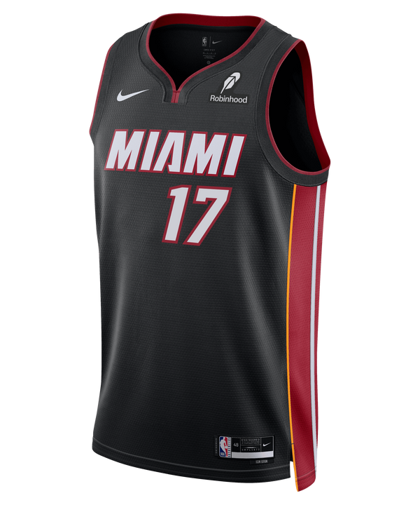 The Jahmir Young Nike Miami HEAT Icon Black Youth Swingman Jersey features red and white MIAMI text, number 17, Nike and Robinhood logos, yellow/red side stripes, NBA logo, and advanced Dri-FIT moisture-wicking comfort.