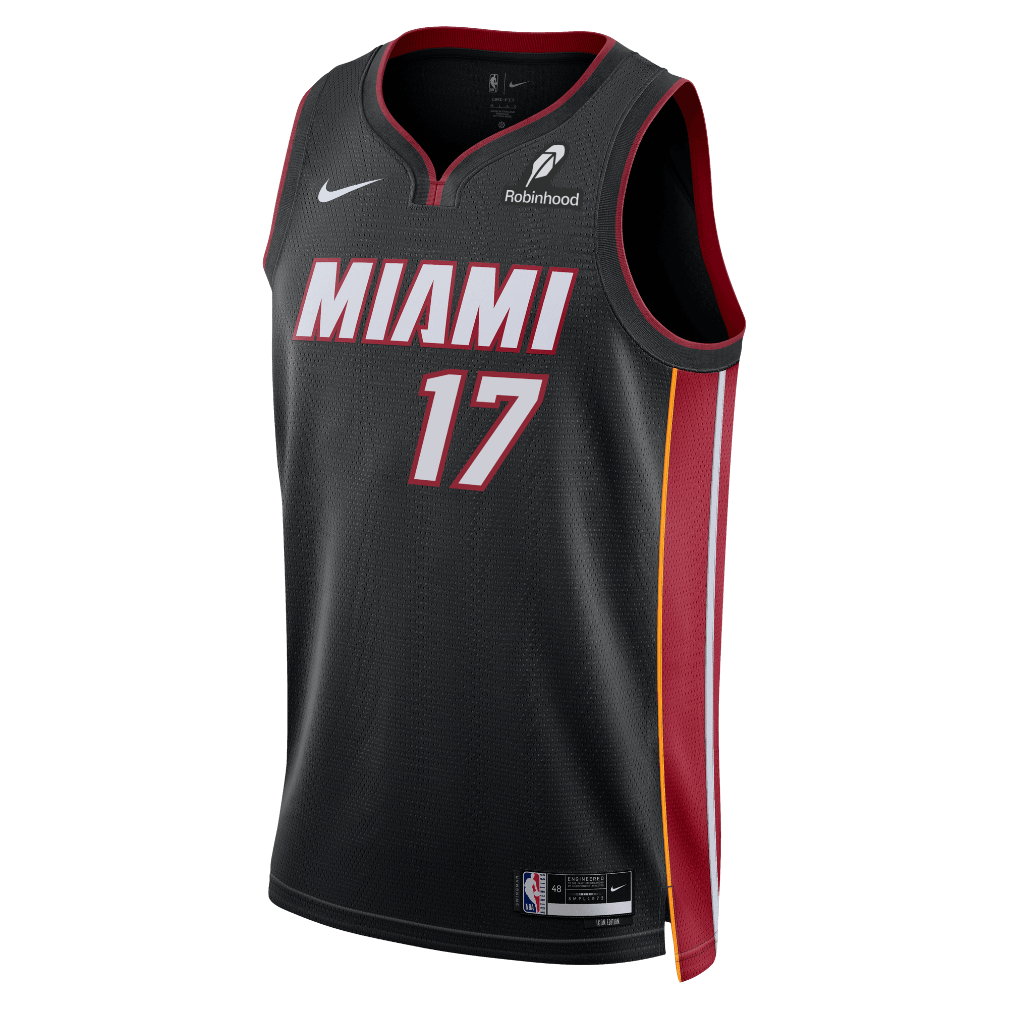The Jahmir Young Nike Miami HEAT Icon Black Swingman Jersey features moisture-wicking Dri-FIT tech, red and white Miami text with number 17, Nike and Robinhood logos, plus yellow and red side accents.