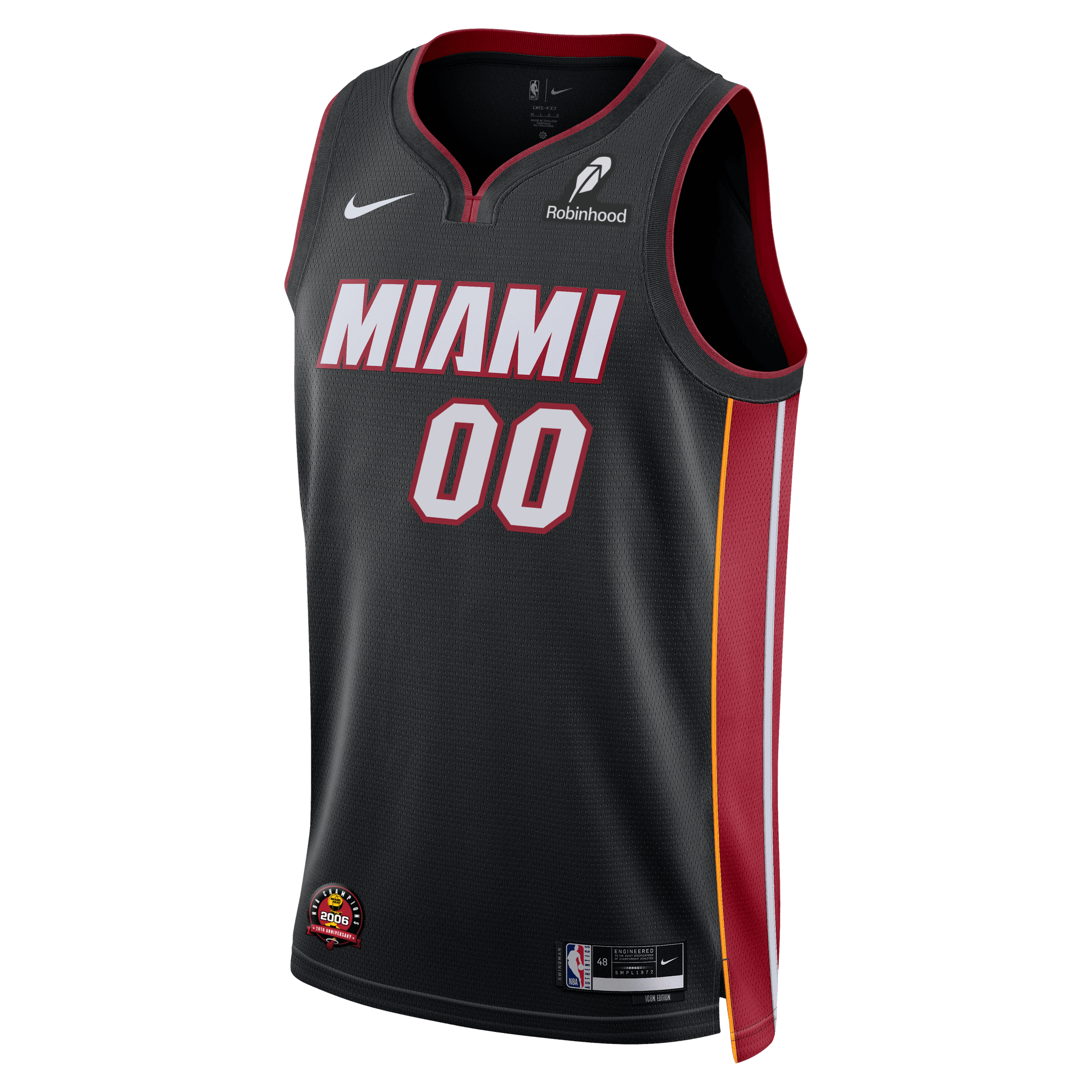 The Nike Miami HEAT Icon Black Swingman Jersey features red and yellow side stripes, MIAMI and 00 in red and white, Nike and Robinhood logos, NBA branding near the hem, and offers a personalized option.