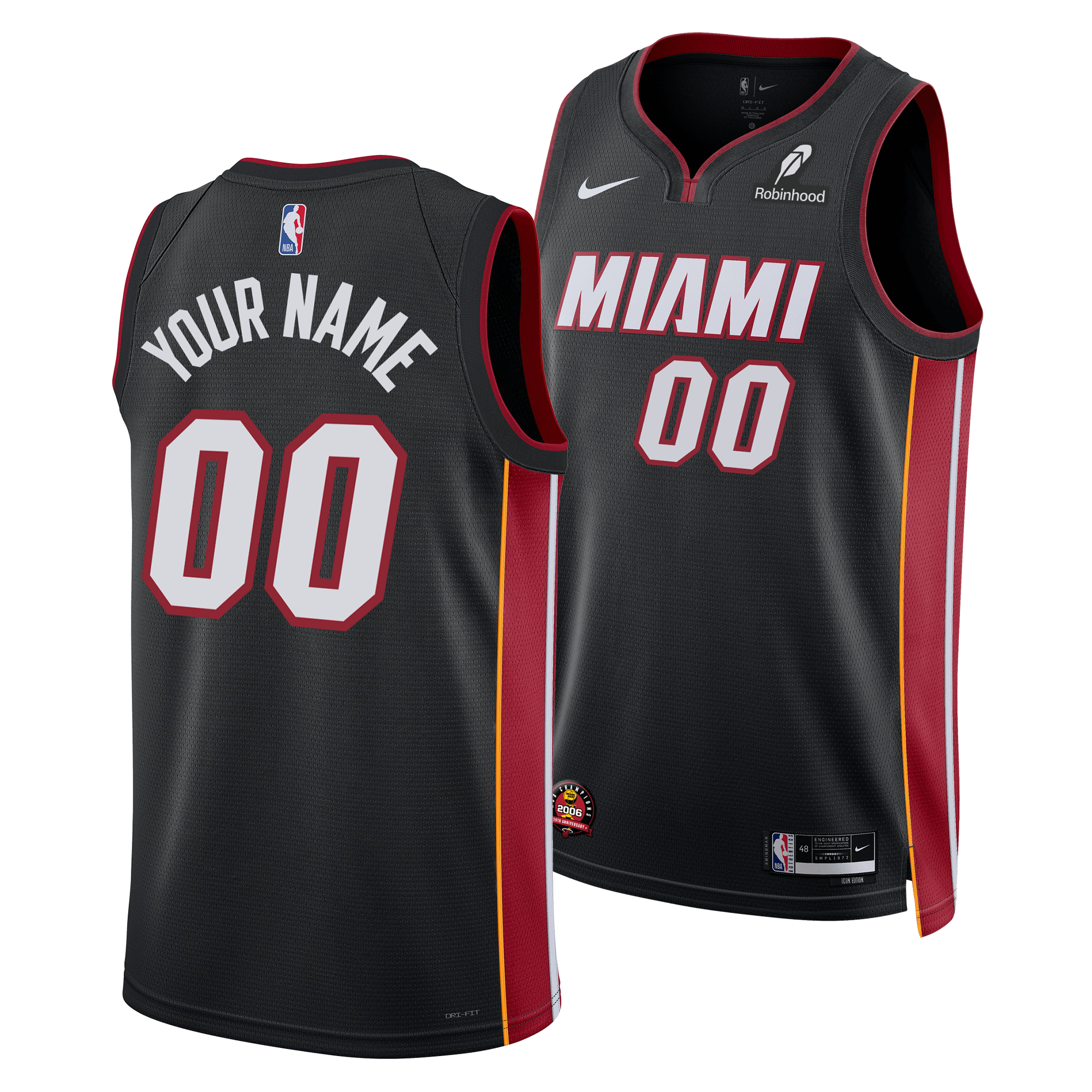 The Personalized Nike Miami HEAT Icon Black Swingman Jersey by Nike features red/yellow side stripes, MIAMI and 00 on the front, a 2006 NBA Championship patch, customizable YOUR NAME and 00 on the back, plus Nike and Robinhood logos.