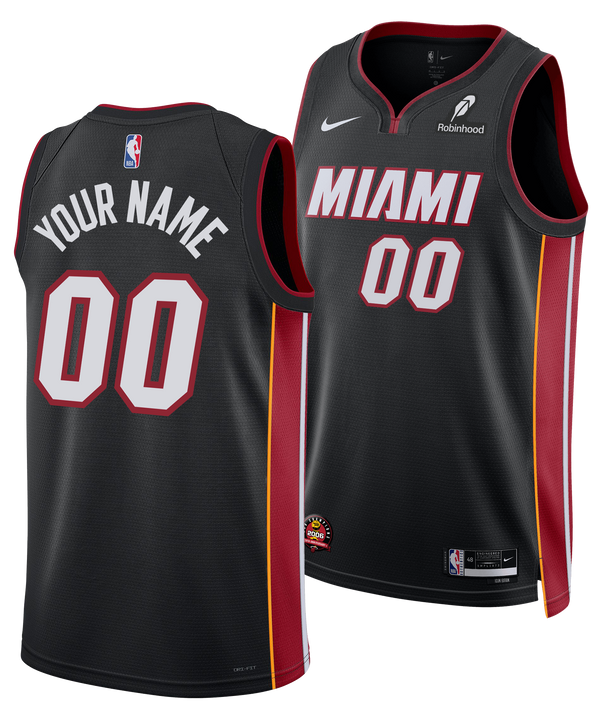 The Personalized Nike Miami HEAT Icon Black Swingman Jersey by Nike features red/yellow side stripes, MIAMI and 00 on the front, a 2006 NBA Championship patch, customizable YOUR NAME and 00 on the back, plus Nike and Robinhood logos.