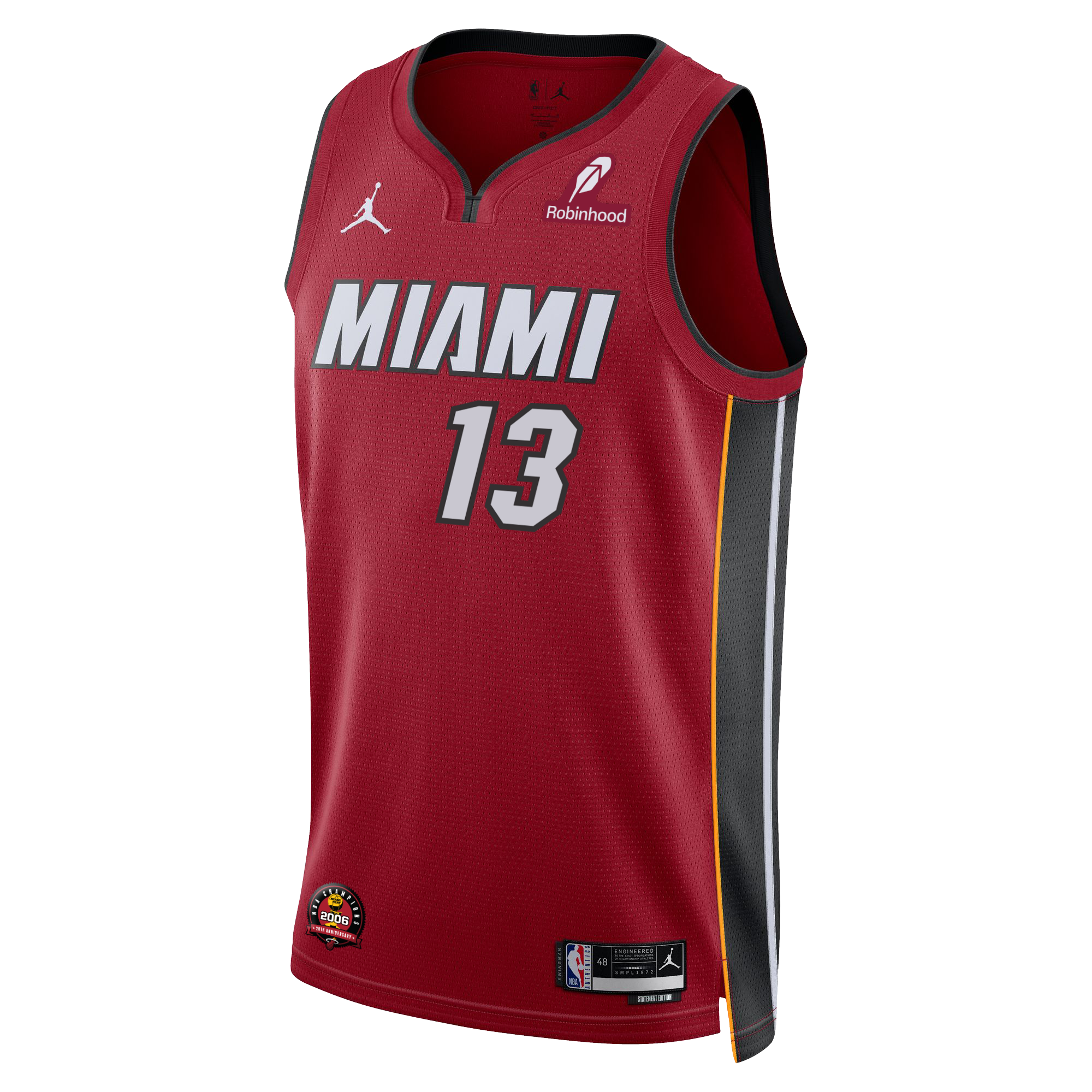 The Bam Adebayo Nike Jordan Brand Miami HEAT Statement Red Swingman Jersey features number 13, black/yellow/gray side panels, Dri-FIT comfort, and sponsor logos including Robinhood and Jordan Brand.