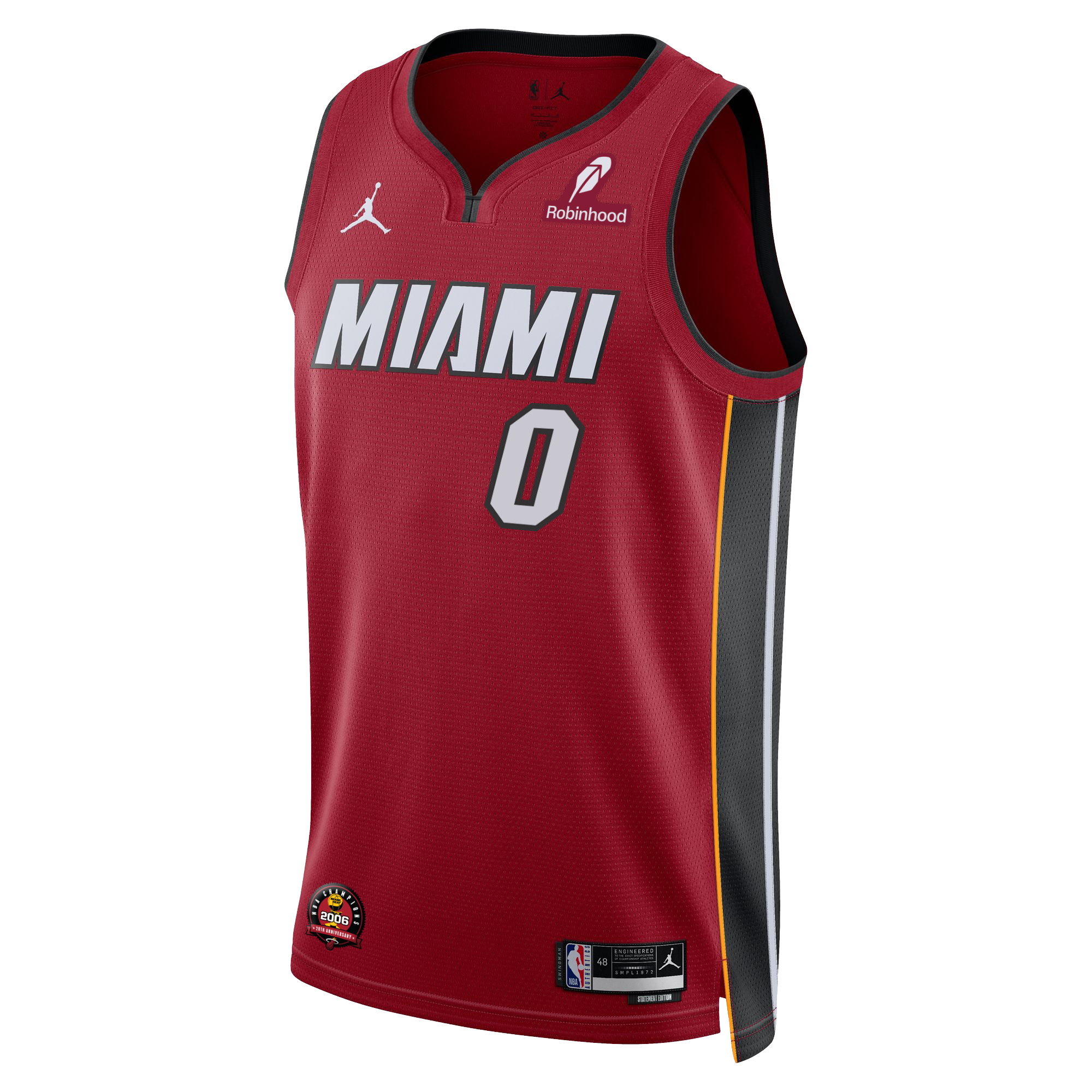 The Simone Fontecchio Nike Jordan Brand Miami HEAT Statement Red Swingman Jersey features gray and white MIAMI text, number 0, Robinhood, NBA, and Jordan logos, black/yellow panels, and Dri-FIT technology for comfort.