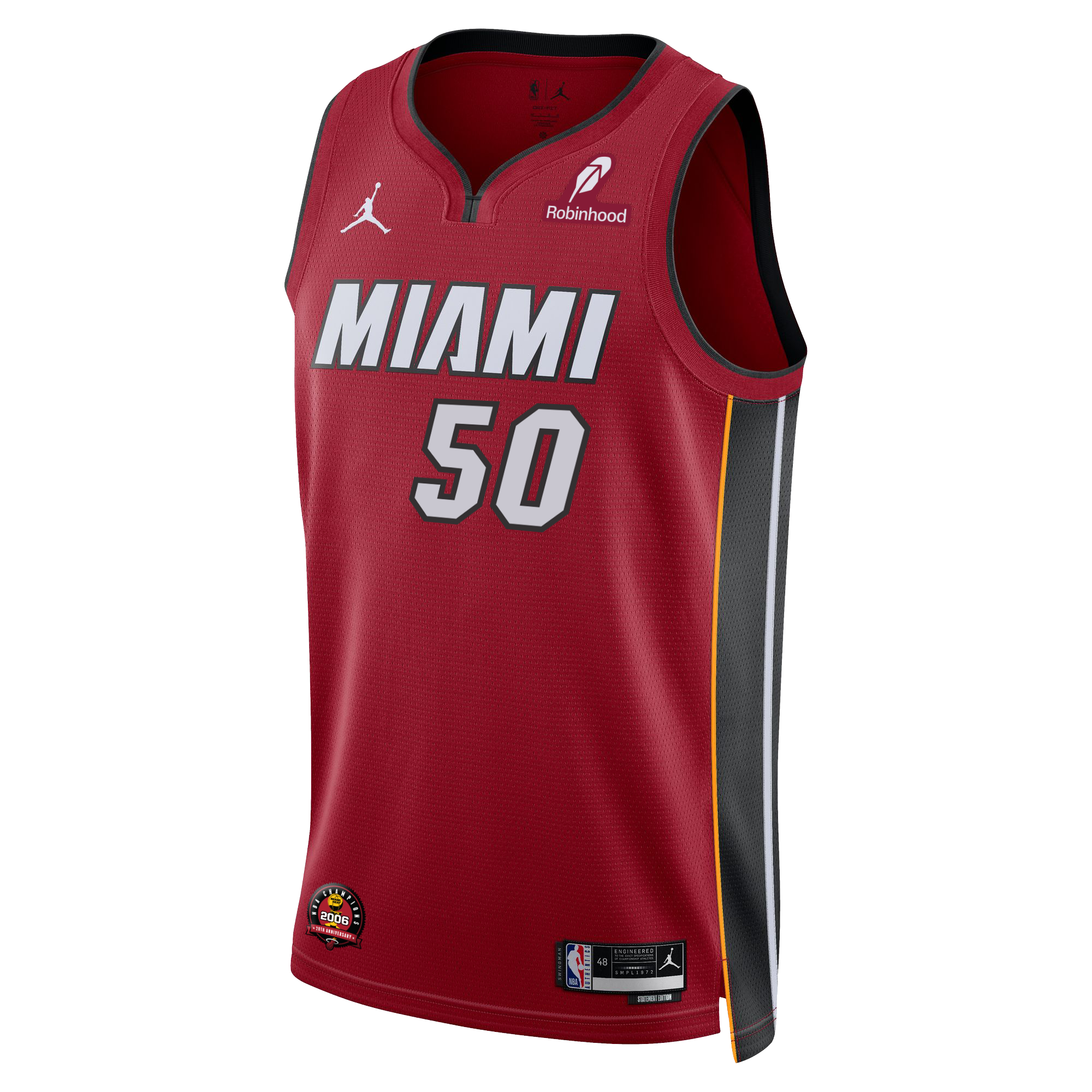 The Vladislav Goldin Nike Jordan Brand Miami HEAT Statement Red Swingman Jersey features #50, gray lettering, black/gold/gray side panels, NBA/Jordan/Robinhood logos, inspired by the bold Miami HEAT Statement Edition.