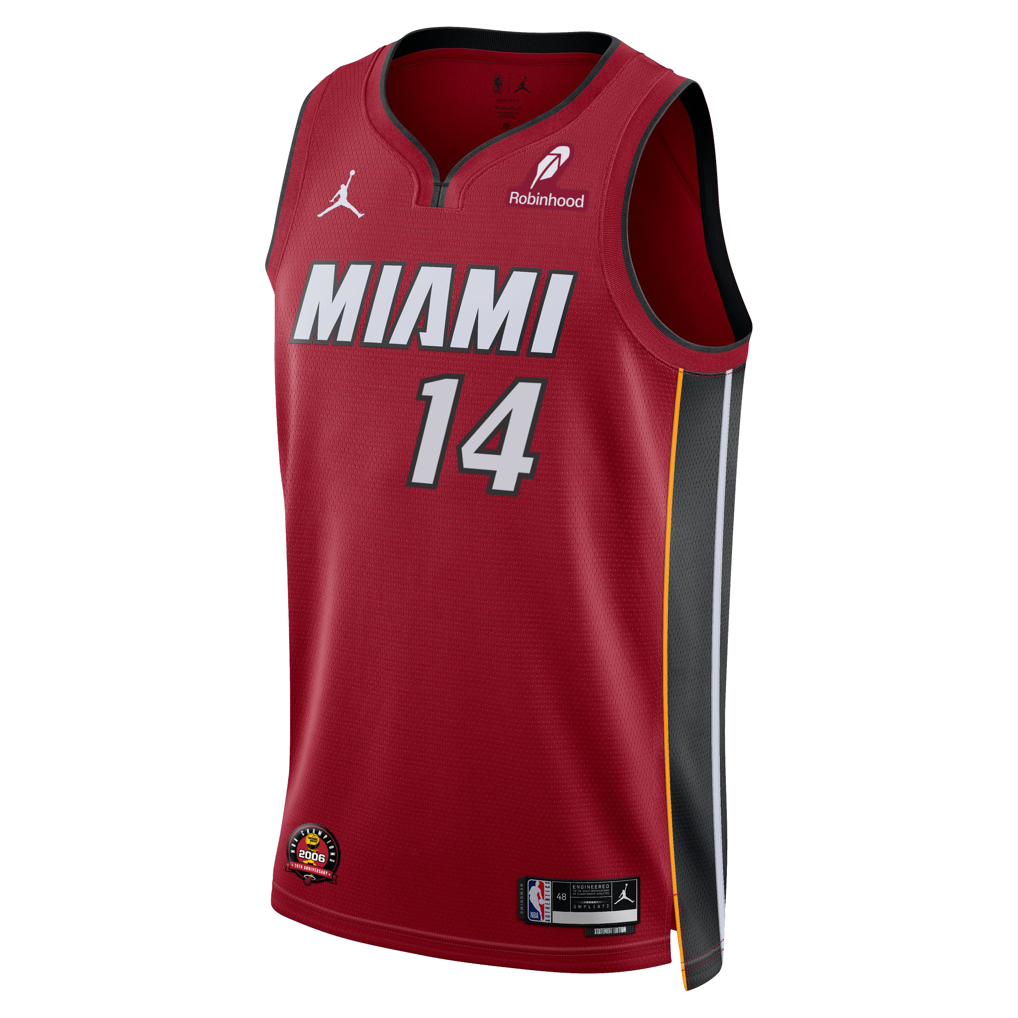 The Nike Tyler Herro Statement Edition Swingman Jersey features bold red Dri-FIT fabric, gray #14, “Miami” on the front, black/yellow side panels, and official sponsor and NBA logos.