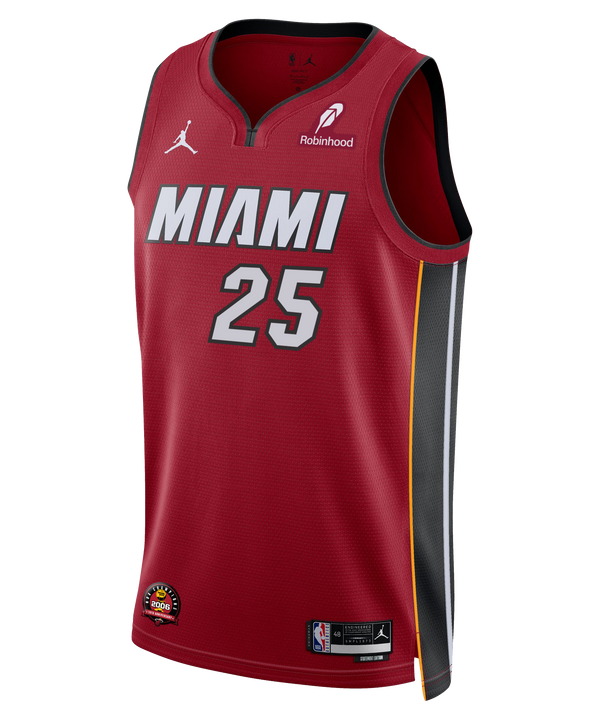 The Nike Kasparas Jakučionis Miami HEAT Statement Red Swingman Youth Jersey features gray MIAMI text, number 25, black and yellow side panels, sponsor logos, and Dri-FIT technology, displayed on a plain white background.
