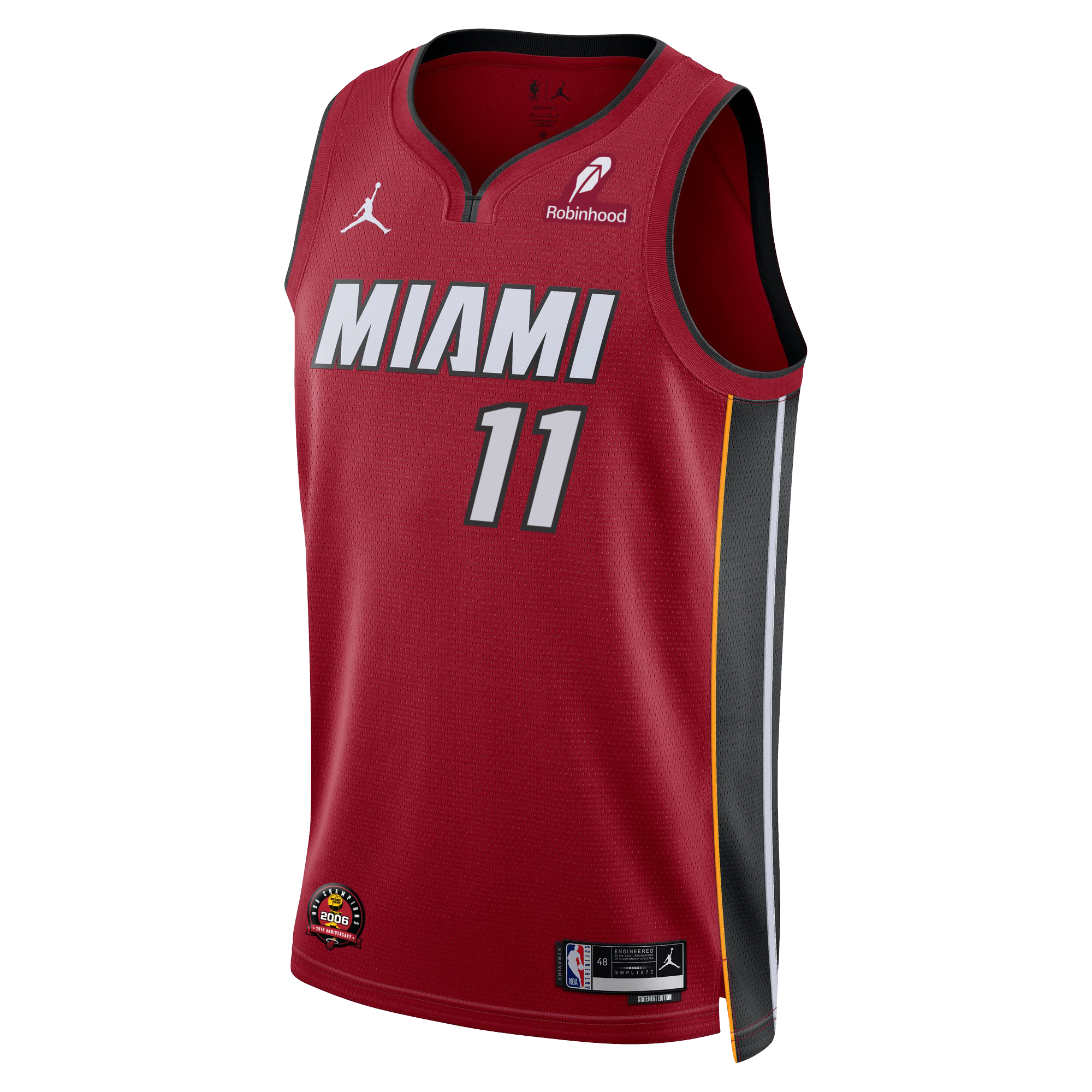 The Jaime Jaquez Jr. Nike Jordan Brand Miami HEAT Statement Red Swingman Jersey features the number 11 in gray, black side panels with a yellow stripe, Dri-FIT tech, and Jordan, Robinhood, and NBA logos on a white background.