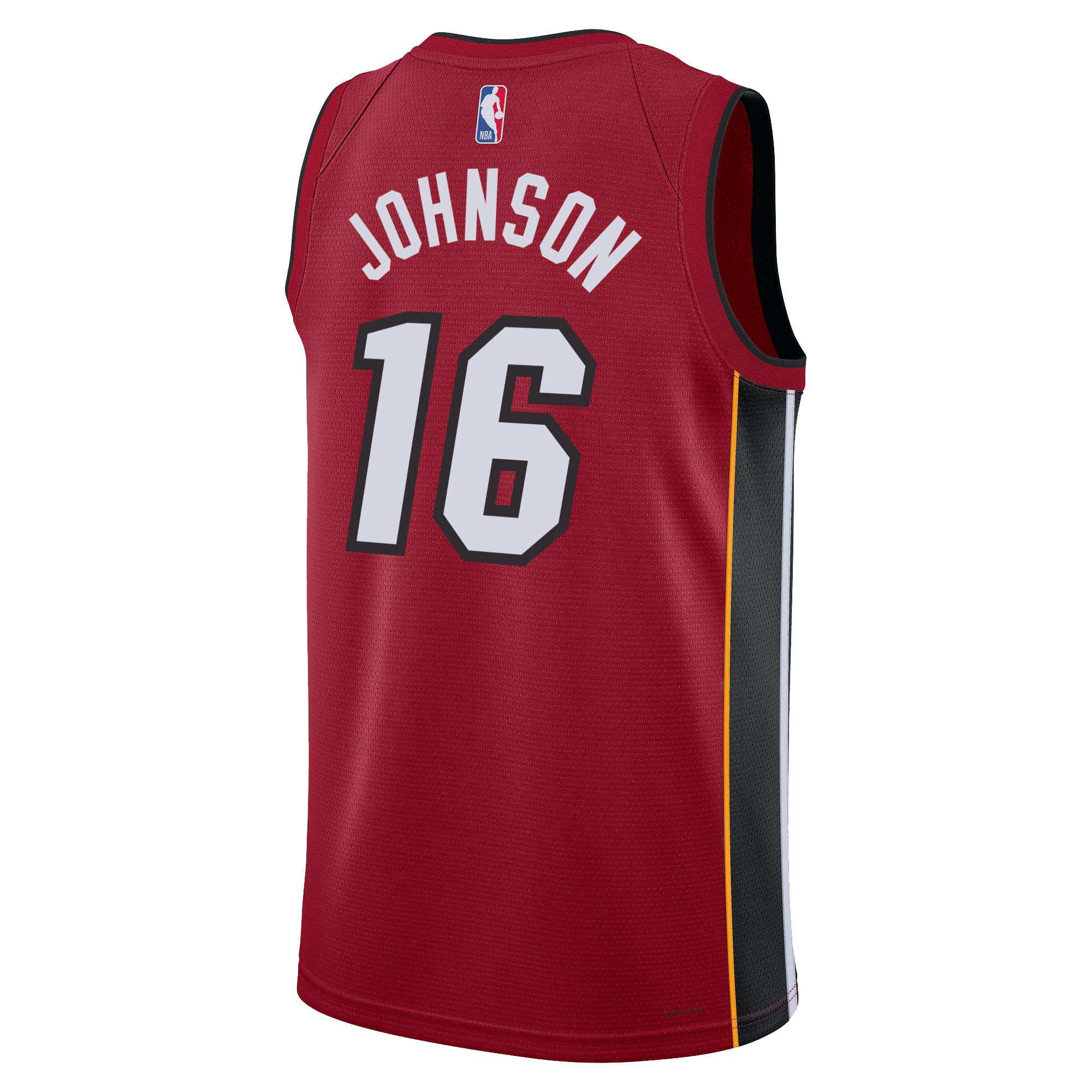 The Nike Keshad Johnson Jordan Brand Miami HEAT Statement Red Swingman Jersey features Johnson’s name and #16 in white/gray, black and yellow side panels, NBA logo by the neckline, and Dri-FIT tech for cool comfort.