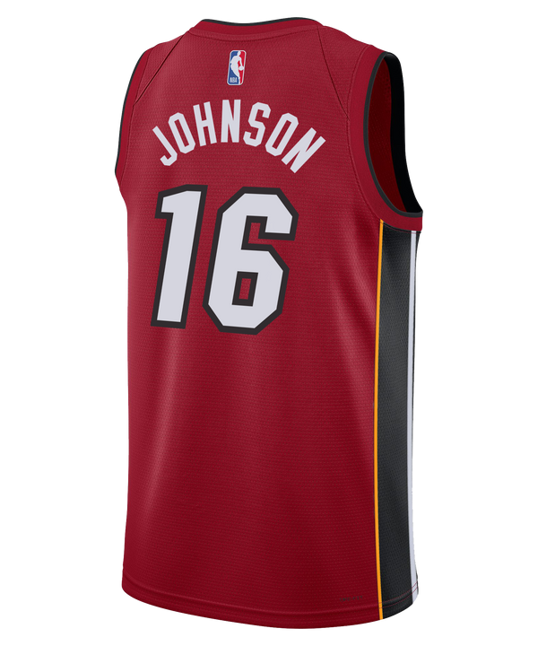 The Keshad Johnson Nike Jordan Brand Miami HEAT Statement Red Swingman Jersey features 