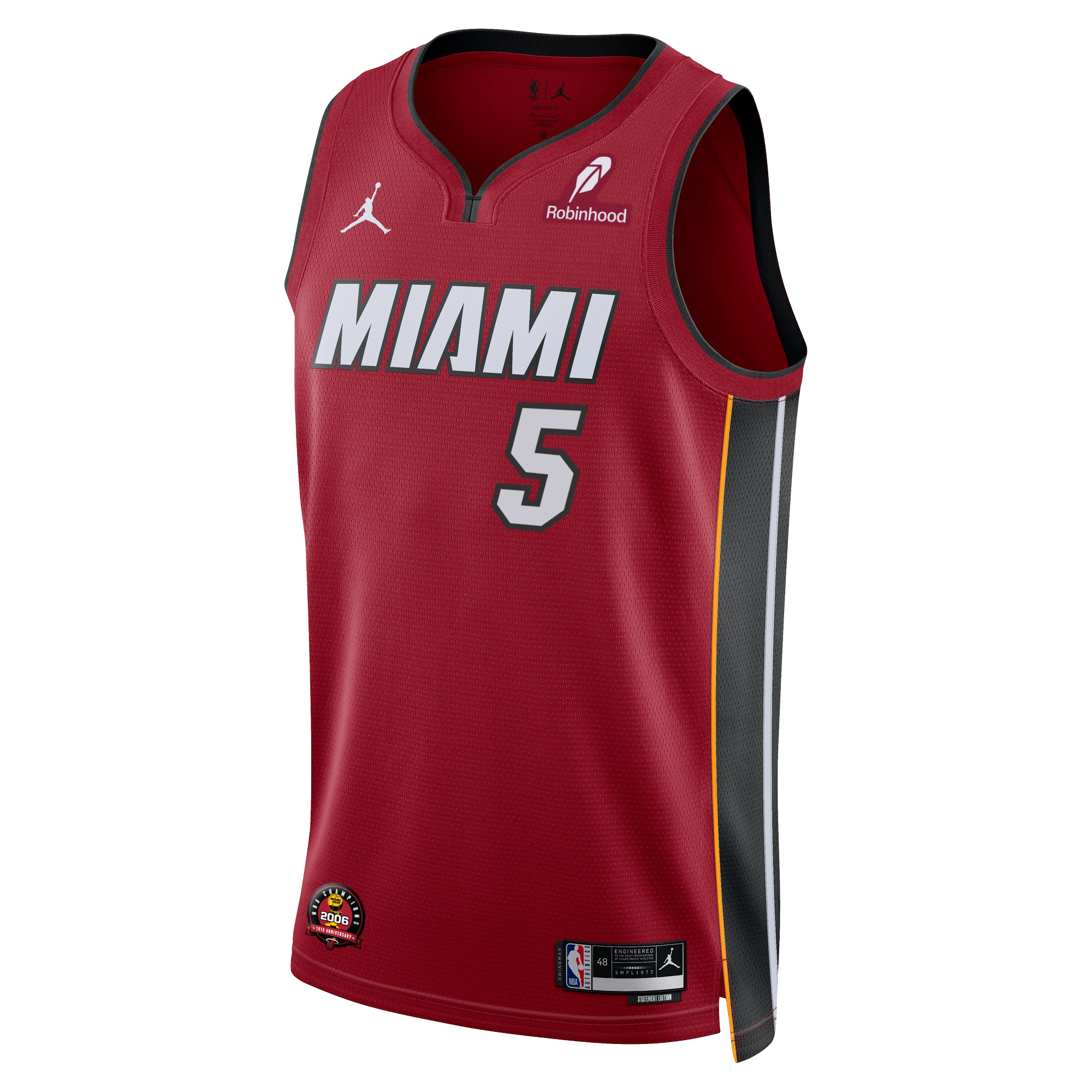The Nike Nikola Jović Miami HEAT Statement Red Swingman Jersey features number 5, gray side panels, white MIAMI text, Jumpman and sponsor logos, yellow trim, NBA branding, and Dri-FIT tech for comfort.