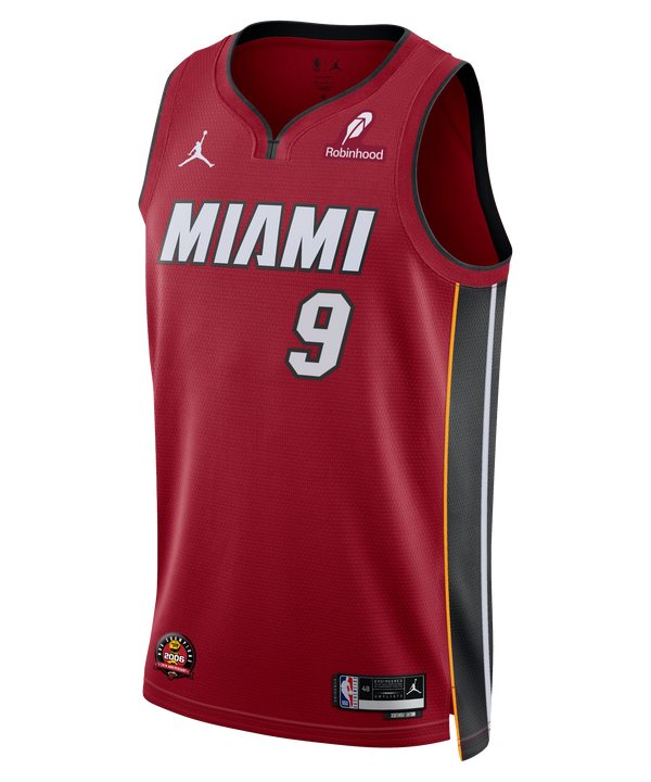 The Nike Pelle Larsson Jordan Brand Miami HEAT Statement Red Swingman Youth Jersey features gray number 9, black side panels, yellow trim, sponsor logos including Robinhood and Jordan, plus moisture-wicking Dri-FIT comfort.