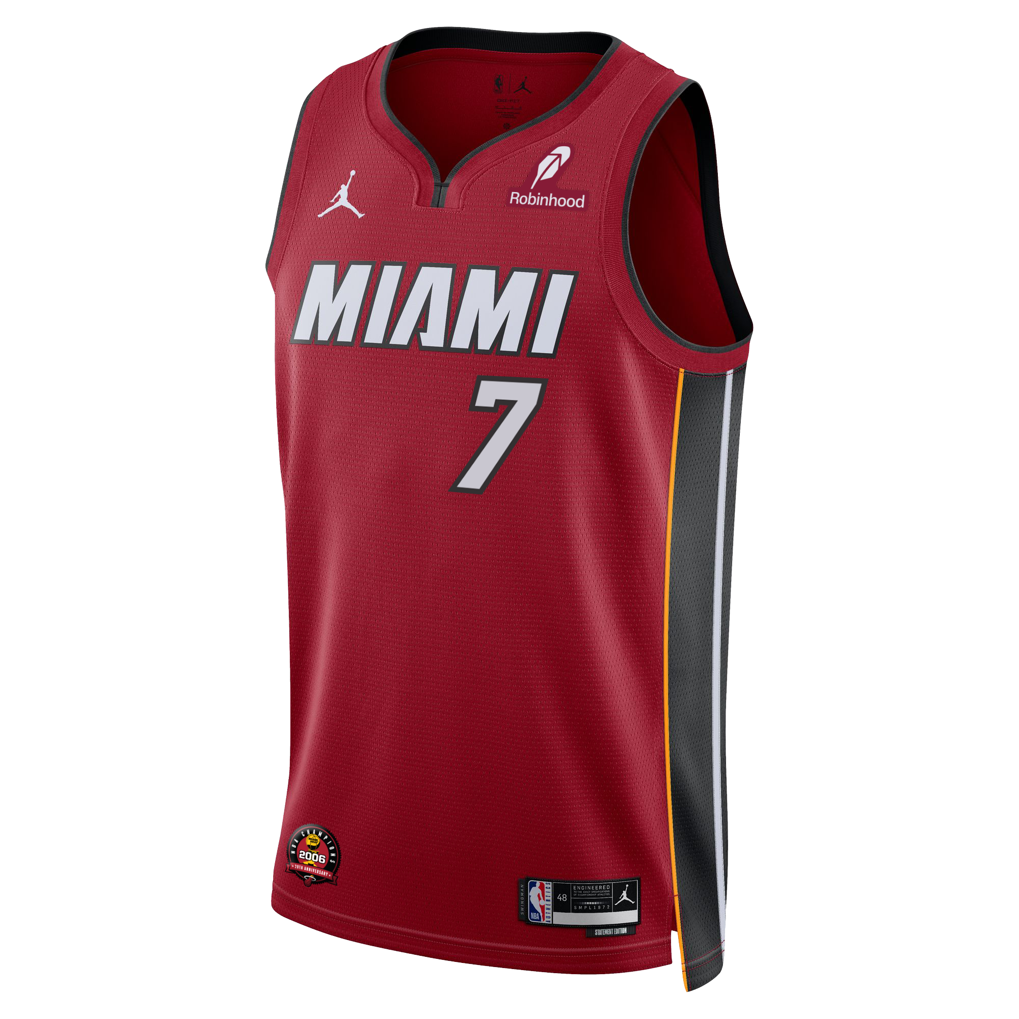The Kel'el Ware Nike Jordan Brand Miami HEAT Statement Red Swingman Youth Jersey features the number 7 in white, black and gray side panels, Dri-FIT tech, and Robinhood and Nike Jordan sponsor logos on the chest.