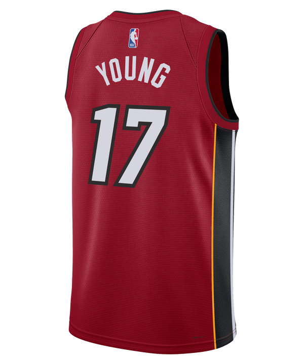 The Jahmir Young Nike Jordan Brand Miami HEAT Statement Red Swingman Jersey features #17 in white and gray, black and yellow side panels, sponsor and NBA logos, and Dri-FIT technology for comfort on and off the court.