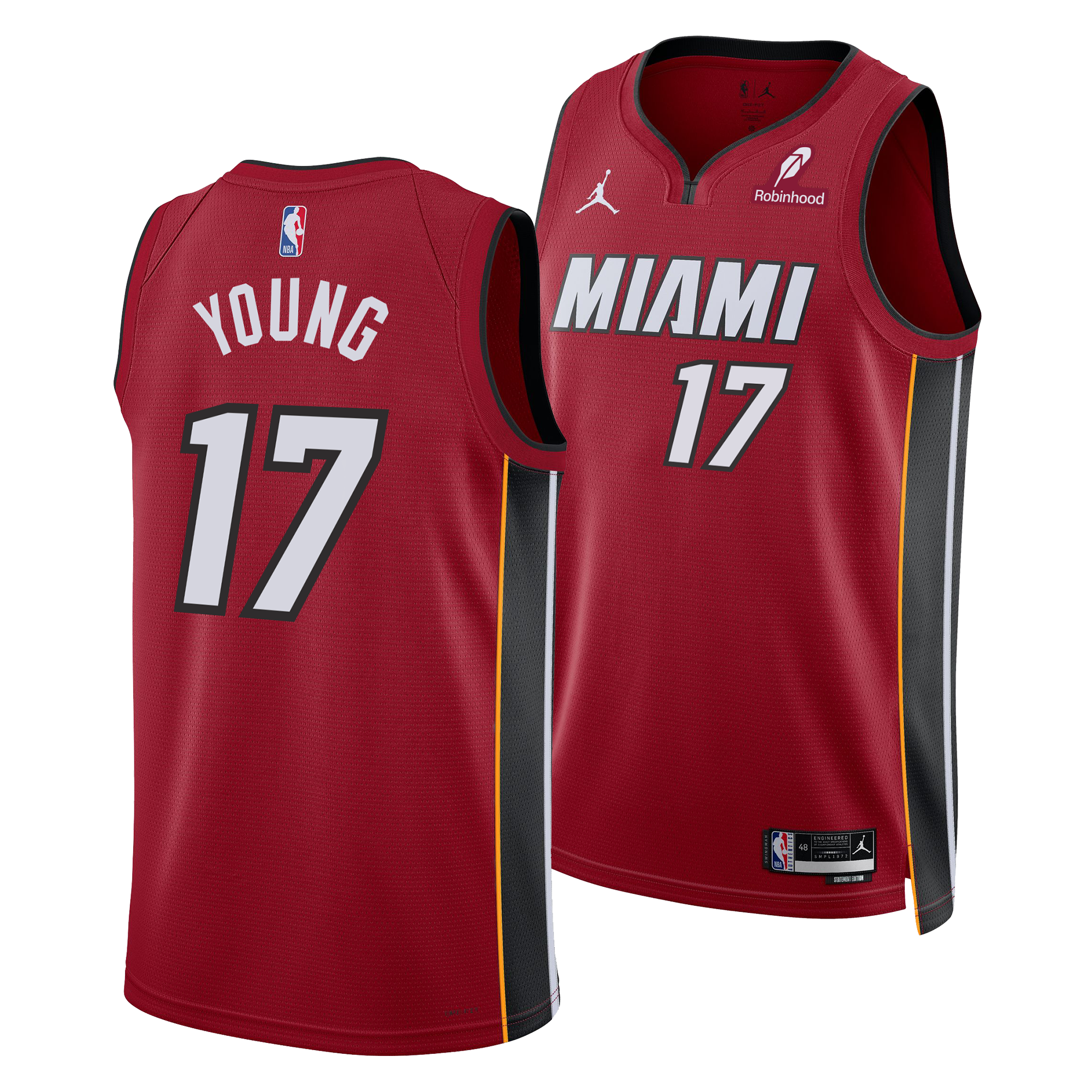The Nike Jahmir Young Miami HEAT Statement Red Swingman Jersey features number 17 and YOUNG on the back, MIAMI and sponsor logos on the front, and Dri-FIT tech for moisture wicking. Shown from both front and back angles.
