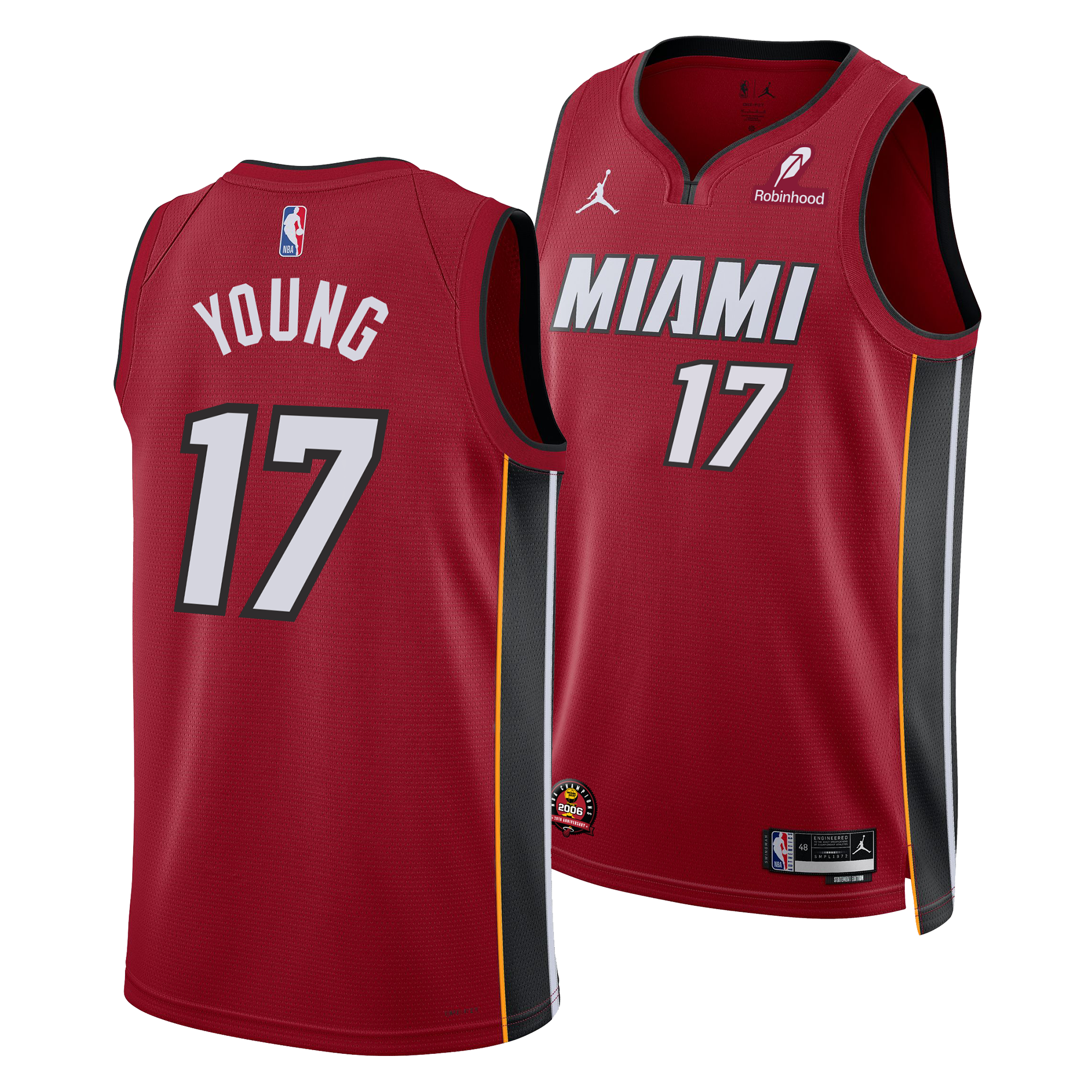 The Nike Jahmir Young Jordan Brand Miami HEAT Statement Red Swingman Youth Jersey features number 17, “Miami” on the front with Jordan and Robinhood logos, and “Young” on the back, shown from front and rear views.