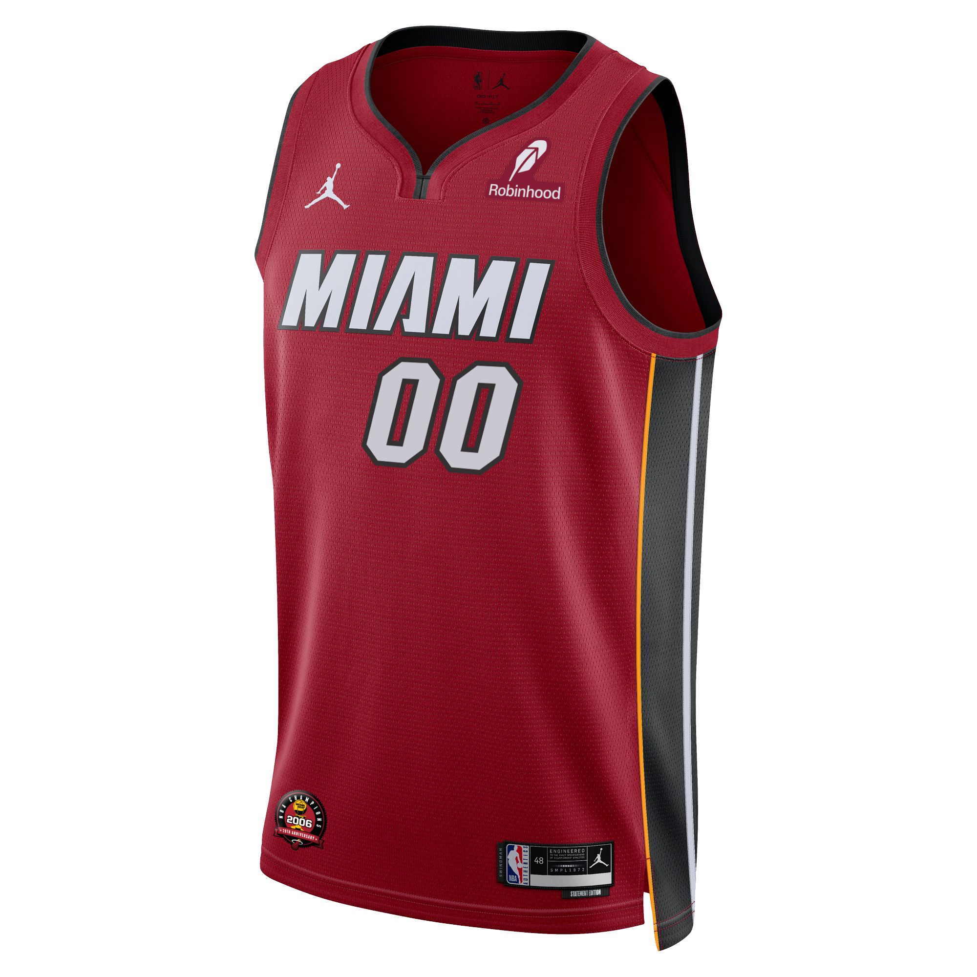 The Nike Personalized Jordan Brand Miami HEAT Statement Red Swingman Youth Jersey features the number 00, silver accents, black and yellow side stripes, Jordan and Robinhood logos, and Dri-FIT tech for breathable comfort.