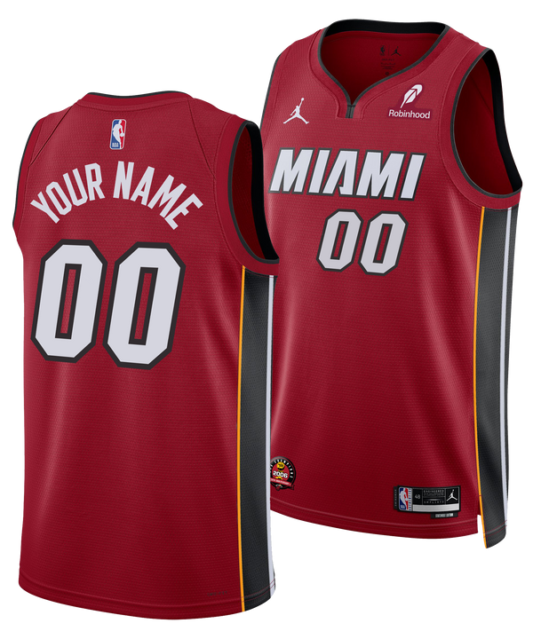 The Personalized Nike Jordan Brand Miami HEAT Statement Red Swingman Jersey by Nike is shown front and back, featuring MIAMI and 00 on the front, YOUR NAME above 00 on the back, team logos, sponsor patches, and a 2006 NBA Championship patch.