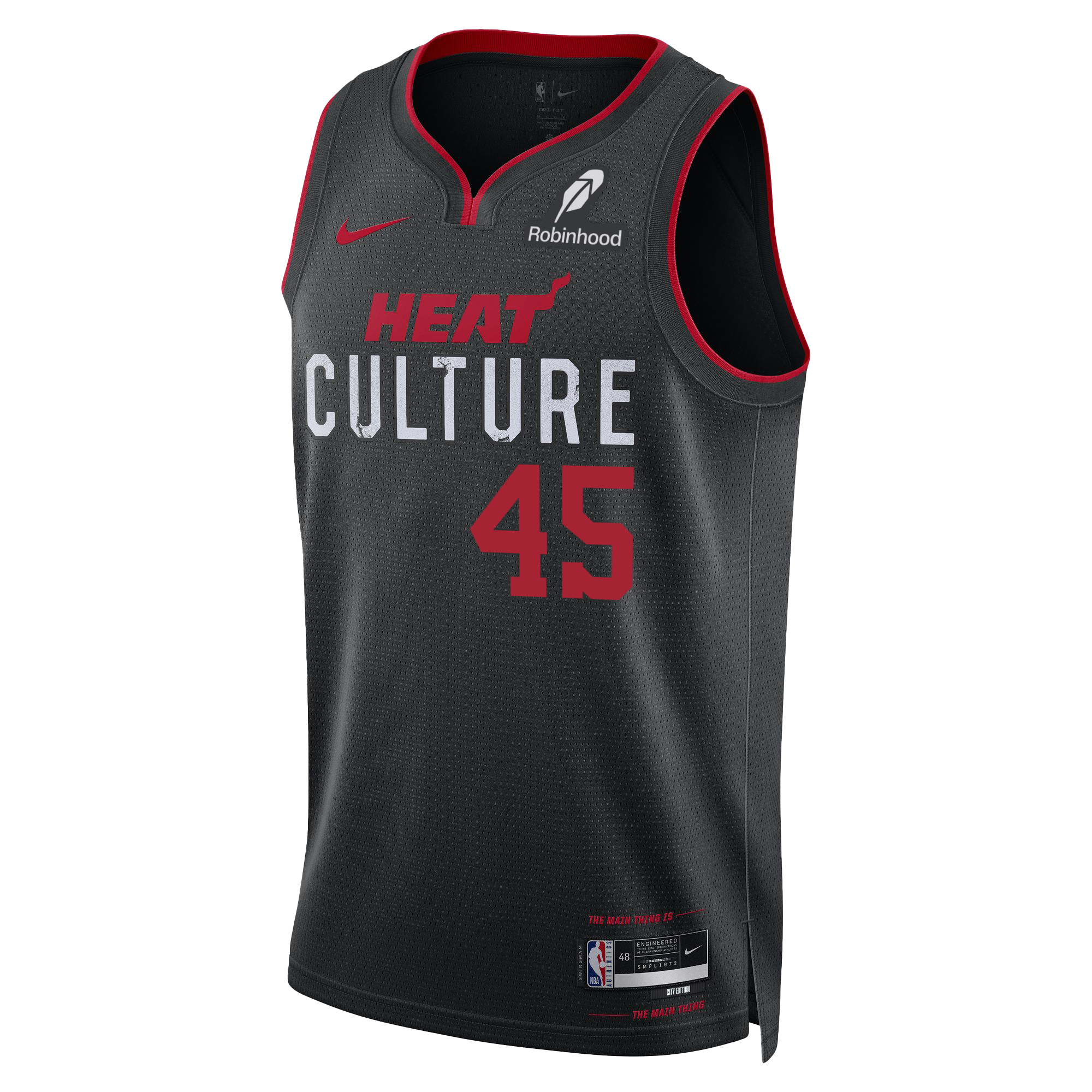 The Davion Mitchell Nike HEAT Culture Youth Swingman Jersey features a black City Edition design with red trim, HEAT CULTURE and number 45 in red, Dri-FIT fabric, Robinhood sponsor, and NBA patch.