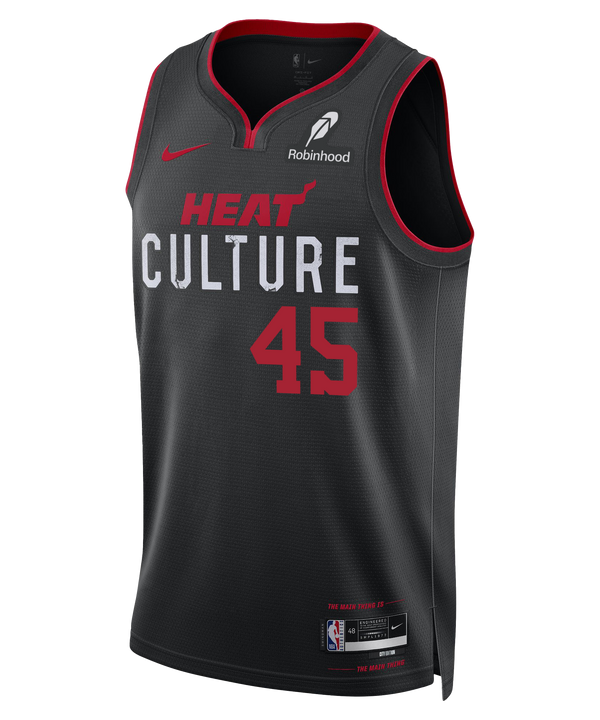 The Davion Mitchell Nike HEAT Culture Youth Swingman Jersey features a black City Edition design with red trim, HEAT CULTURE and number 45 in red, Dri-FIT fabric, Robinhood sponsor, and NBA patch.