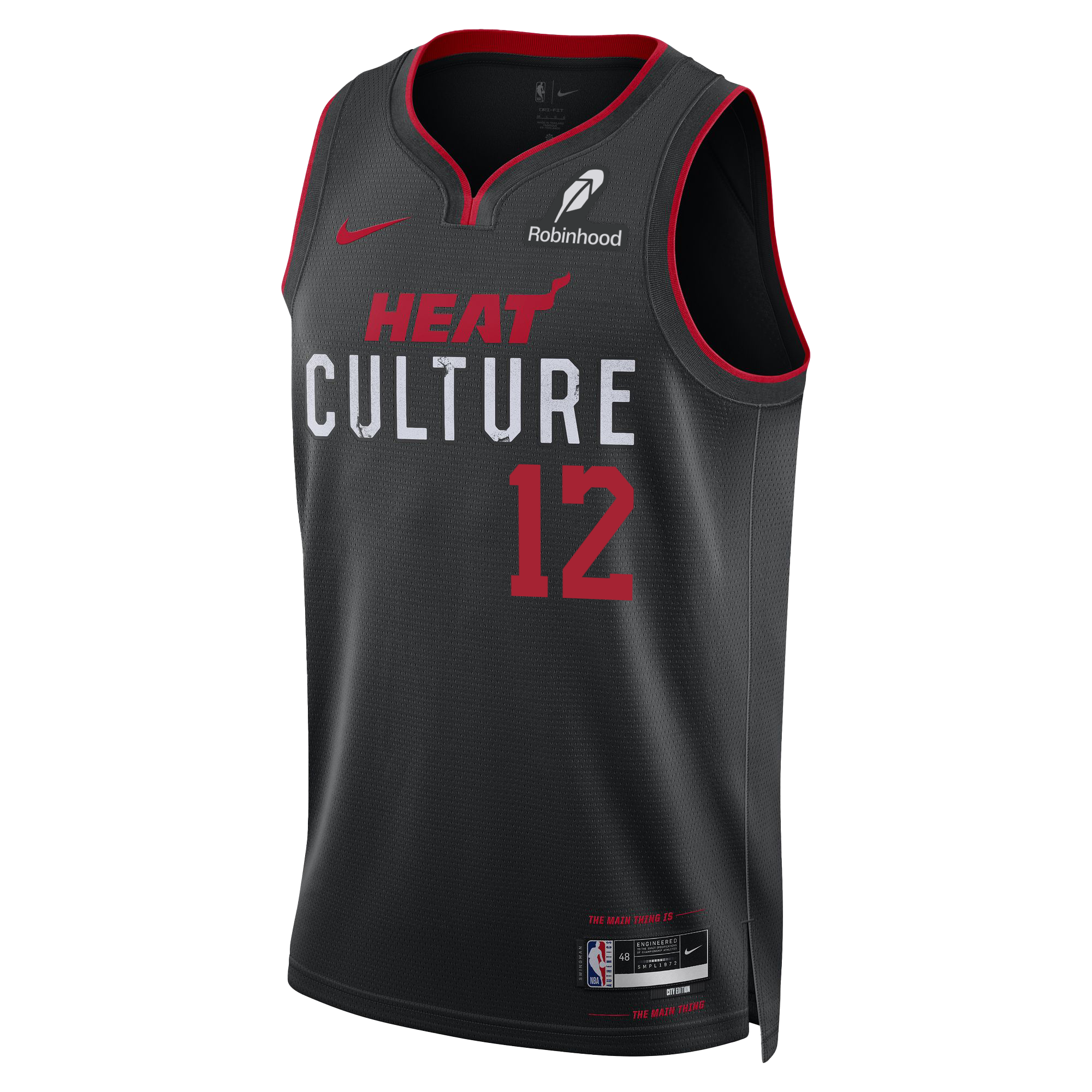 The Nike Dru Smith HEAT Culture Youth Swingman Jersey features a black Miami Heat design with red accents, number 12, Nike and Robinhood logos, an NBA logo tag by the hem—part of the City Edition uniform.