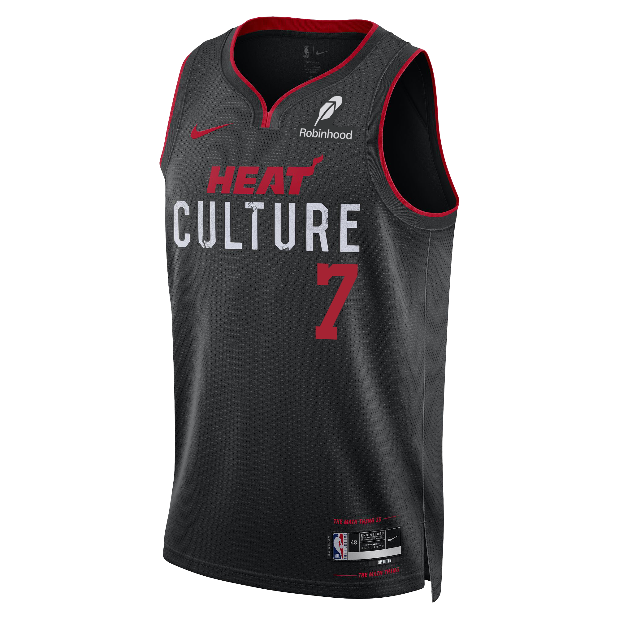 The Nike Kel'el Ware HEAT Culture Youth Swingman Jersey features bold HEAT Culture lettering, number 7, and sponsor logos—a must-have black Miami Heat City Edition NBA jersey for true fans.