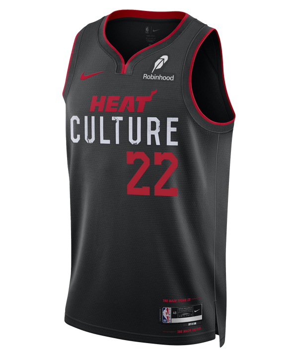 The Andrew Wiggins Nike HEAT Culture Swingman Jersey features a black design with red trim, “HEAT CULTURE” and number 22 on the front, plus Nike, NBA, and Robinhood logos—showcasing Miami’s iconic basketball style.