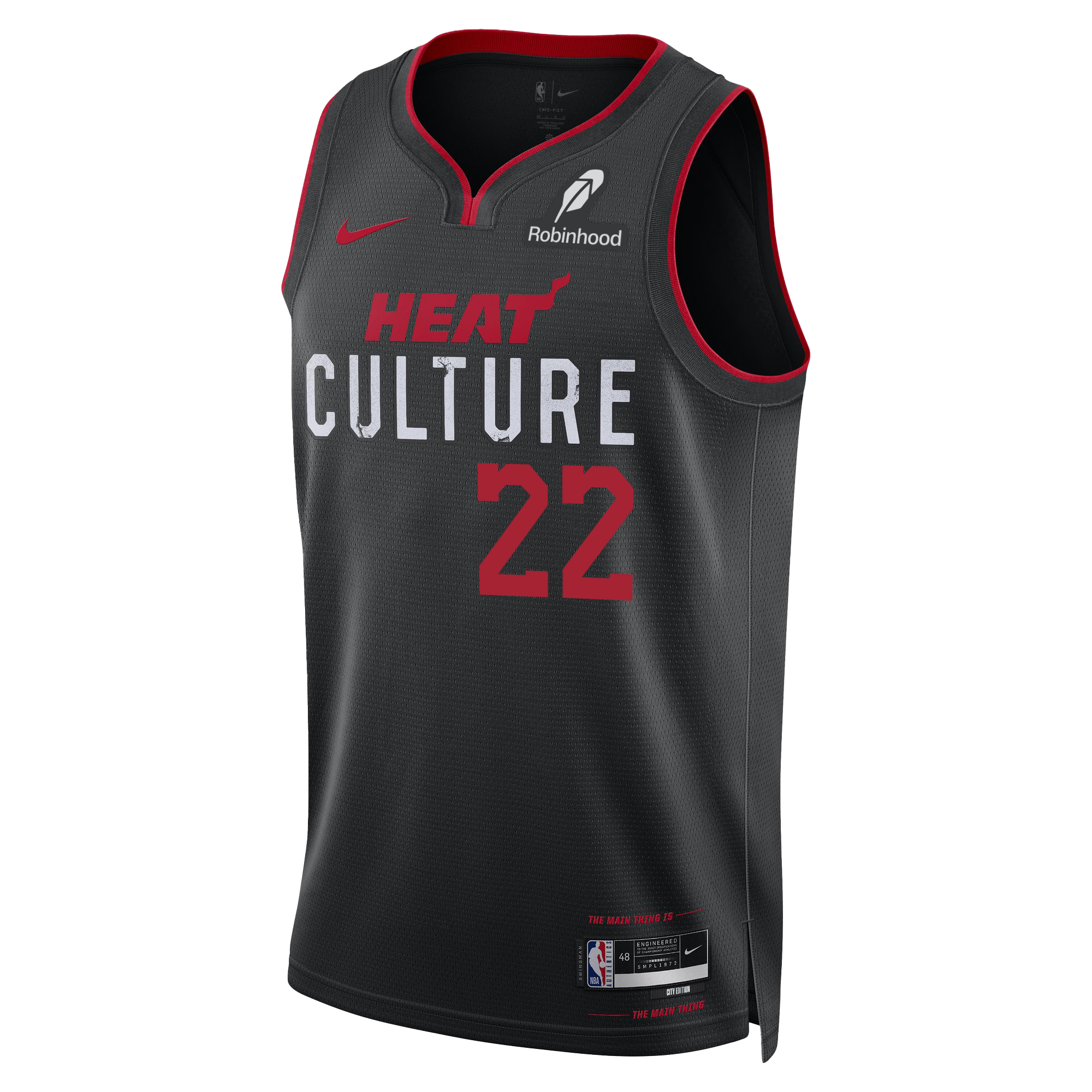 The Andrew Wiggins Nike HEAT Culture Youth Swingman Jersey is a black Miami HEAT City Edition NBA jersey with red trim, number 22, HEAT CULTURE, Nike and Robinhood logos, and an NBA tag at the hem.