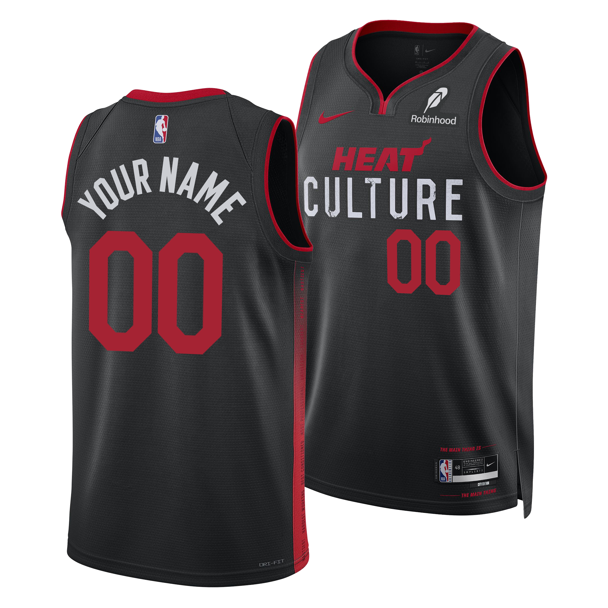 The Personalized Nike HEAT Culture Swingman Jersey by Nike features a black design with red accents, your name and number 00 on the back, HEAT Culture and 00 on the front, plus Nike, NBA, and Robinhood logos.