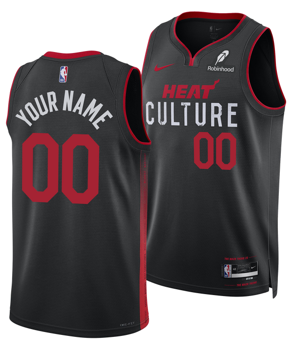 The Nike Personalized HEAT Culture Youth Swingman Jersey features a black design with red accents, HEAT CULTURE and 00 on the front, YOUR NAME and 00 on the back, plus Nike and Robinhood logos.