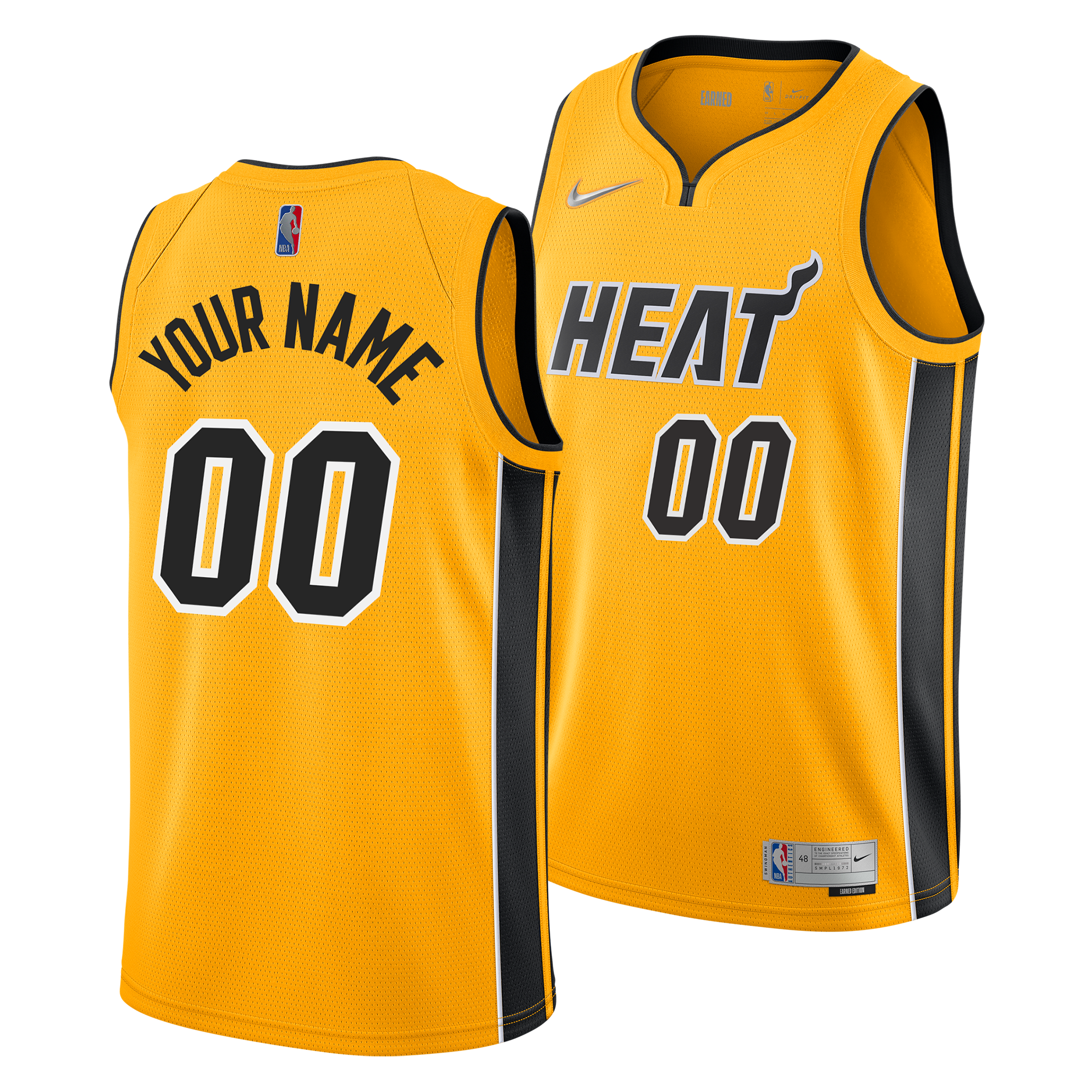 The Personalized Nike Miami HEAT Trophy Gold Swingman Jersey features black side panels, HEAT and 00 on the front, your custom name and 00 on the back in black/white, Nike Dri-FIT fabric, and visible NBA and Nike logos.