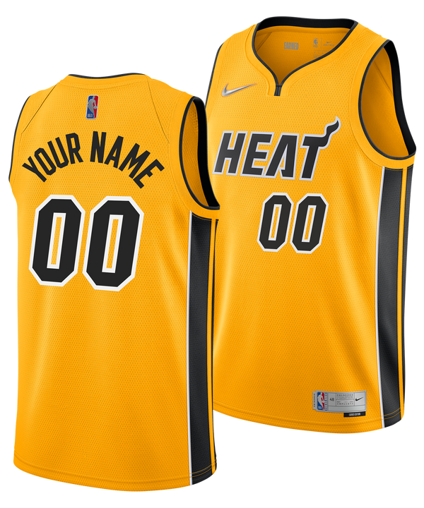The Personalized Nike Miami HEAT Trophy Gold Swingman Jersey features black side panels, HEAT and 00 on the front, your custom name and 00 on the back in black/white, Nike Dri-FIT fabric, and visible NBA and Nike logos.