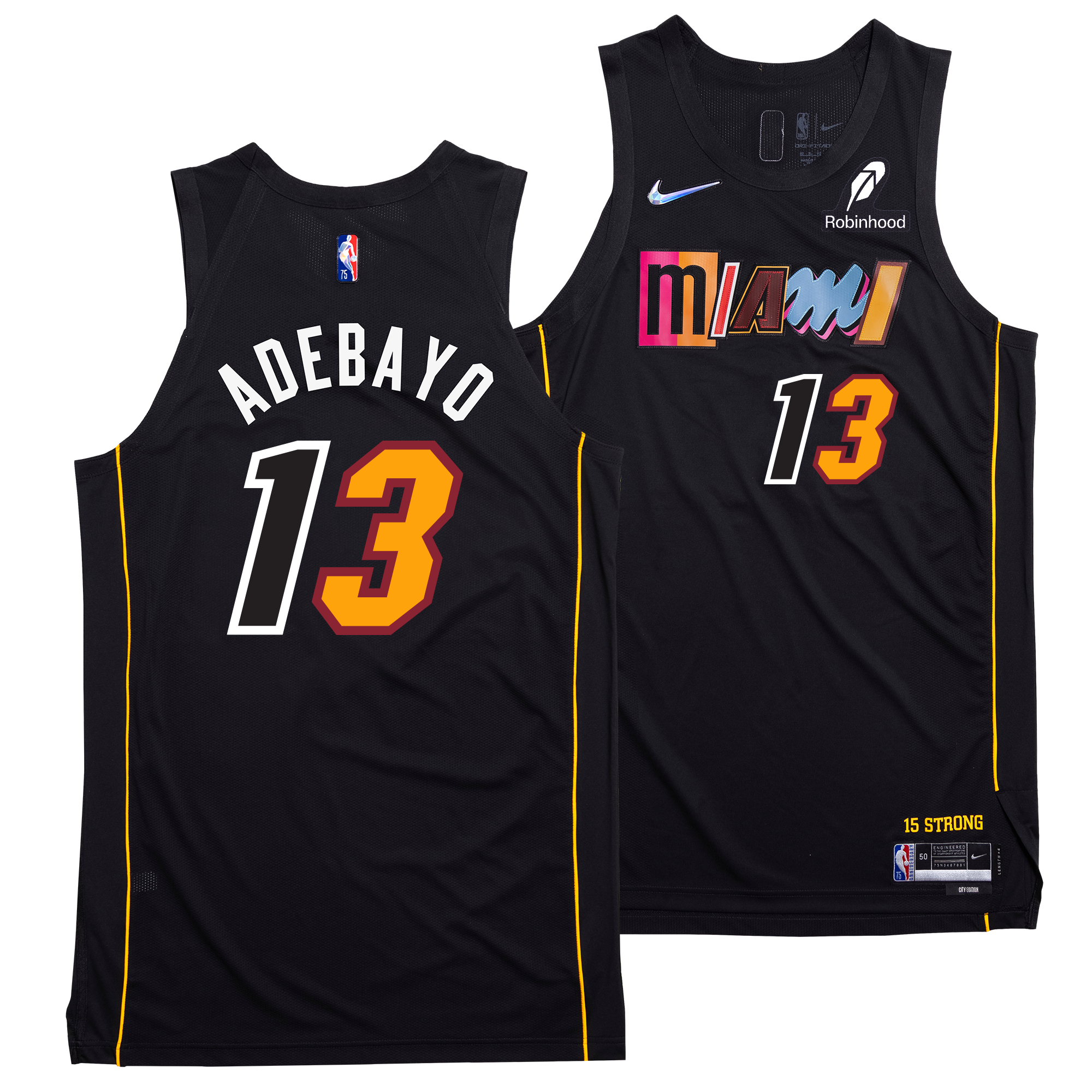 The image shows the Bam Adebayo Nike Miami HEAT Mashup Youth Swingman Jersey - Player's Choice, front and back. The vibrant design features a multicolor Miami logo, number 13, Bam Adebayo’s name, and bold white, orange, and yellow accents.