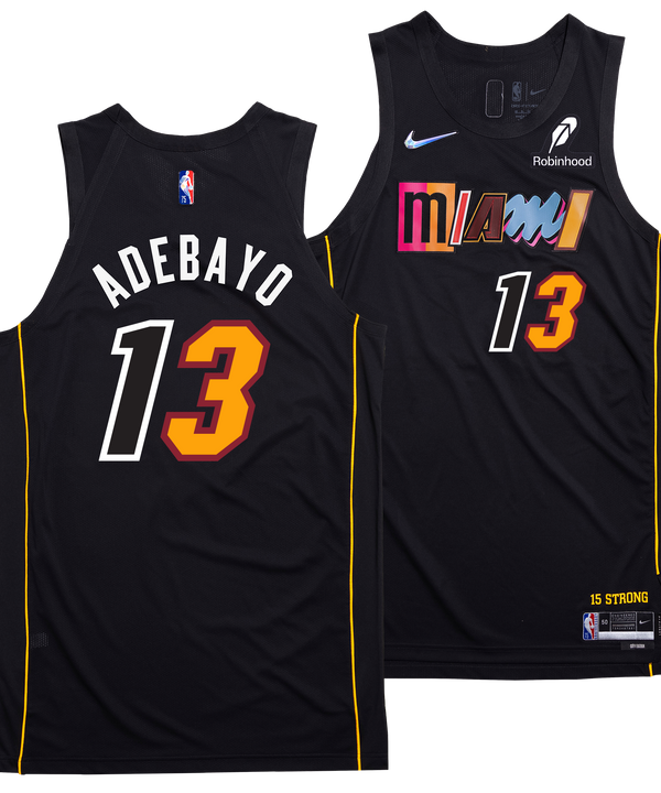 The image shows the Bam Adebayo Nike Miami HEAT Mashup Youth Swingman Jersey - Player's Choice, front and back. The vibrant design features a multicolor Miami logo, number 13, Bam Adebayo’s name, and bold white, orange, and yellow accents.