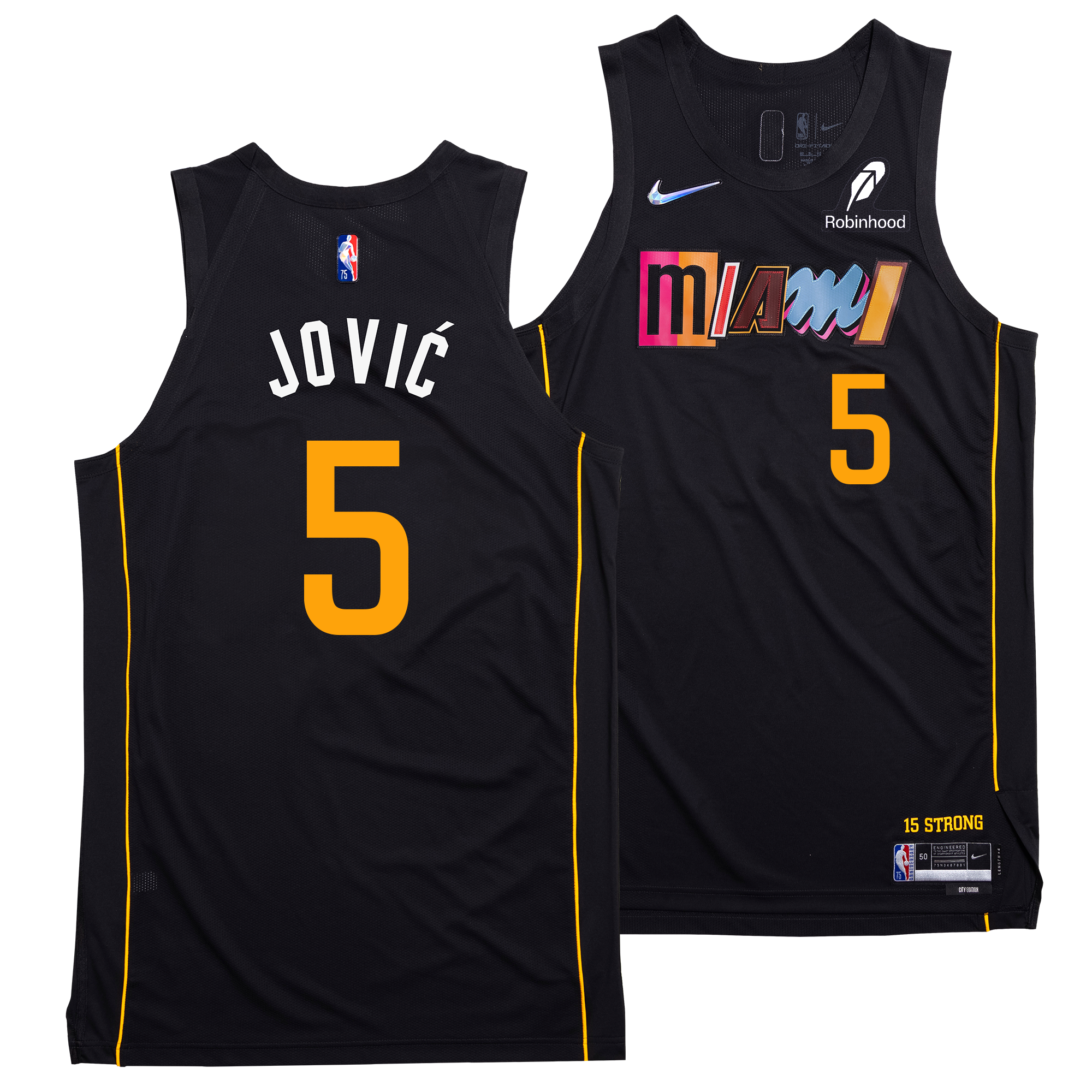 The image shows two black Nikola Jović Nike Miami HEAT Mashup Swingman Jerseys with yellow trim and the number 5, featuring 