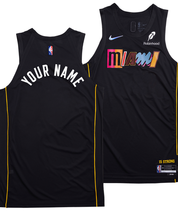 The Nike Miami HEAT Mashup Youth Swingman Jersey - Personalized features a black design with colorful Miami text, gold side stripes, team and sponsor logos, and your custom name on the back—a bold City Edition youth jersey from Nike.