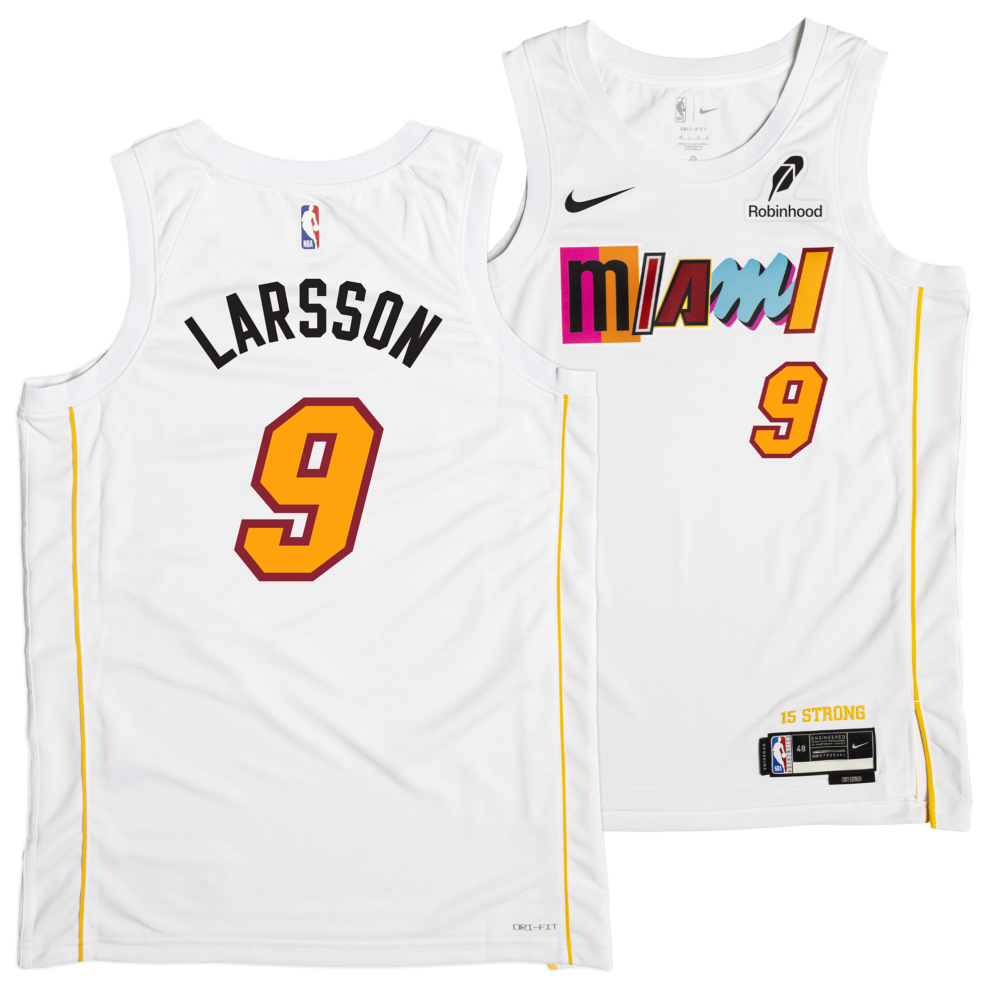 The Pelle Larsson Nike Miami Mashup Vol. 2 Swingman Jersey features a white tailored fit, yellow/orange number 9, colorful 