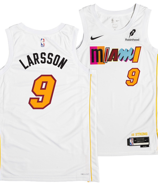The Pelle Larsson Nike Miami Mashup Vol. 2 Swingman Jersey features a white tailored fit, yellow/orange number 9, colorful 