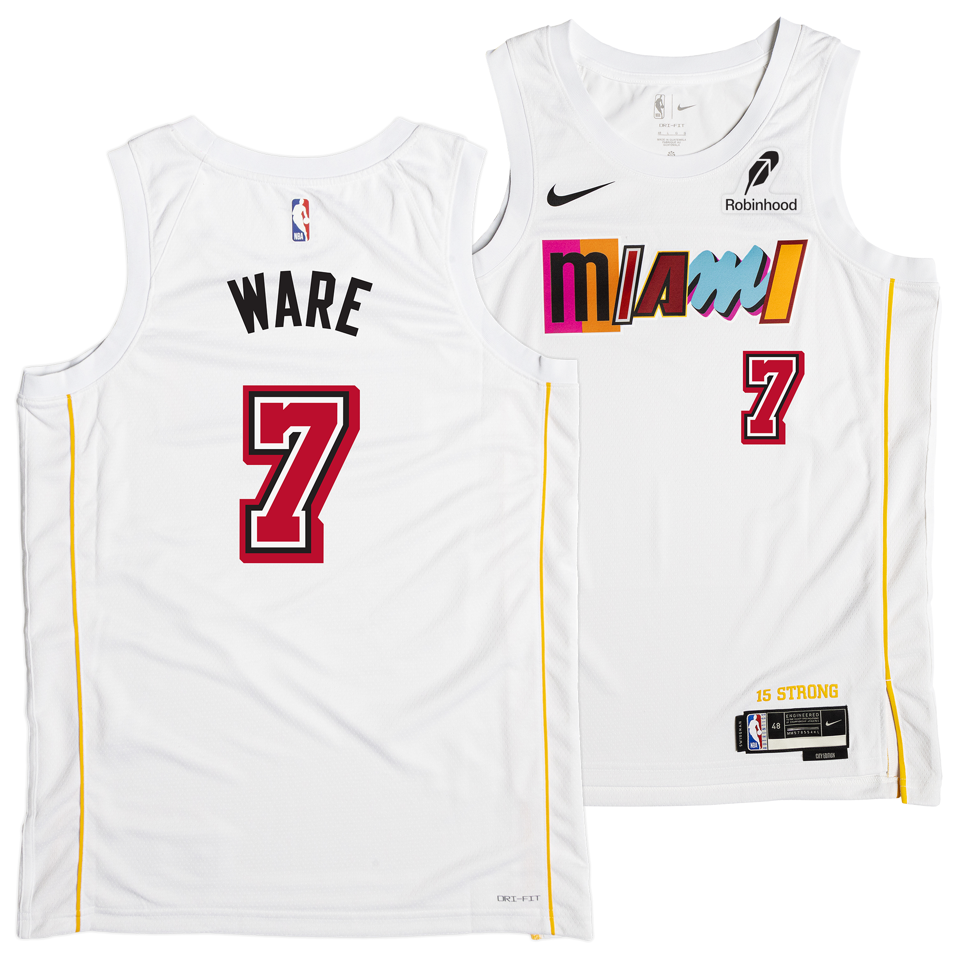 The Kel'el Ware Nike Miami Mashup Vol. 2 Swingman Jersey features colorful Miami text, number 7, Ware on the back, yellow side stripes, and authentic Nike and Robinhood logos. Enjoy a tailored fit for comfort and style.