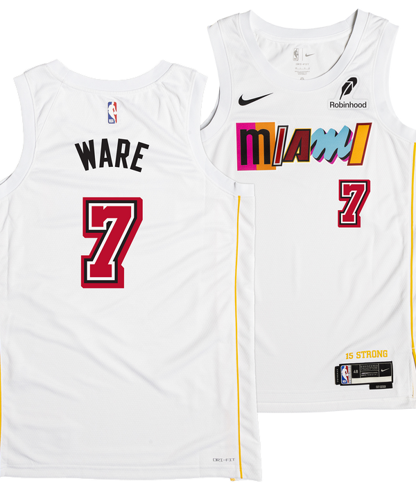 The Kel'el Ware Nike Miami Mashup Vol. 2 Swingman Jersey features colorful Miami text, number 7, Ware on the back, yellow side stripes, and authentic Nike and Robinhood logos. Enjoy a tailored fit for comfort and style.