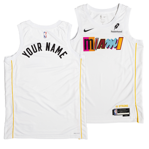 Two white Nike Miami Mashup Vol. 2 Swingman Jerseys—one front, one back—show "miami" in colorful block letters and YOUR NAME in black, with yellow side stripes. Personalize yours; features Nike Dri-FIT technology for comfort.