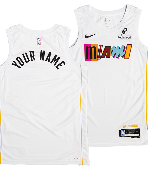 Two white Nike Miami Mashup Vol. 2 Swingman Jerseys—one front, one back—show 